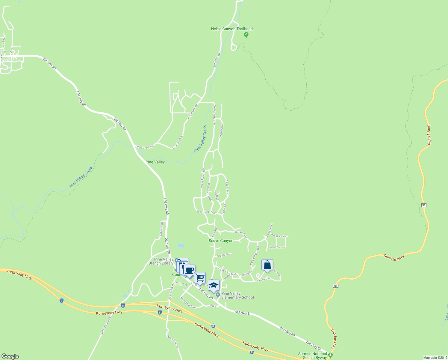 map of restaurants, bars, coffee shops, grocery stores, and more near 8142 Foothill Boulevard in Pine Valley