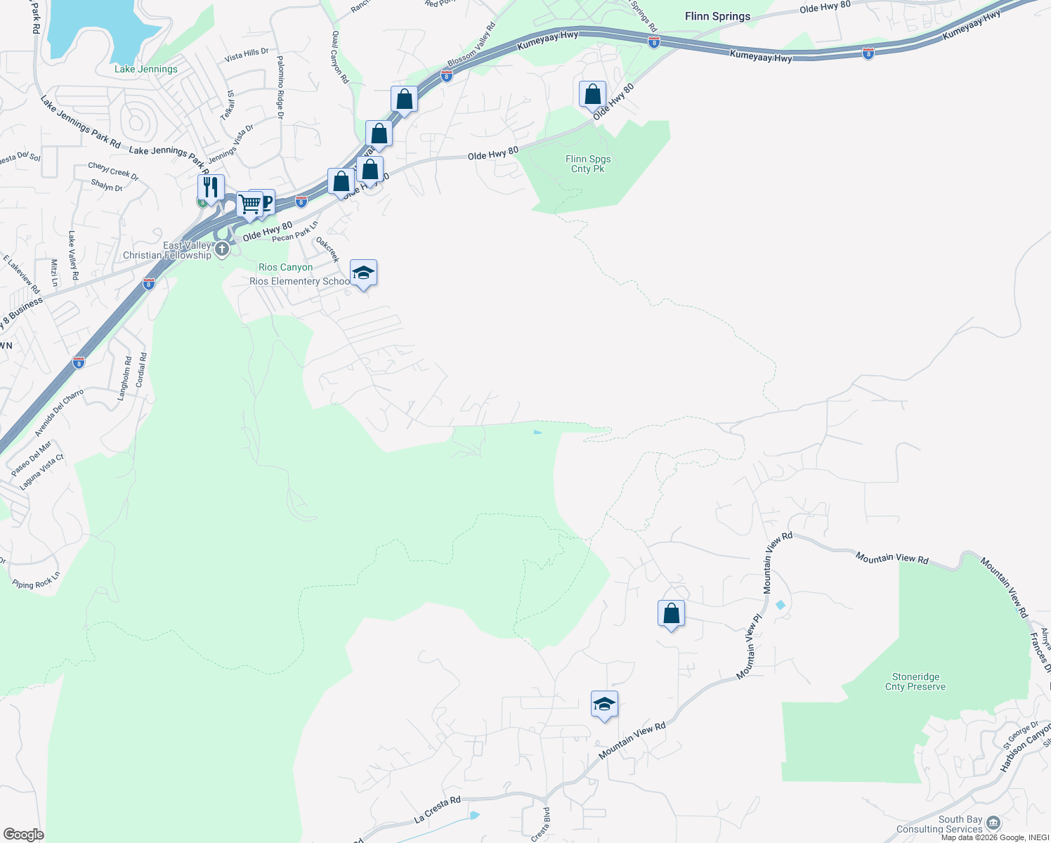 map of restaurants, bars, coffee shops, grocery stores, and more near 14668 Rios Canyon Road in El Cajon