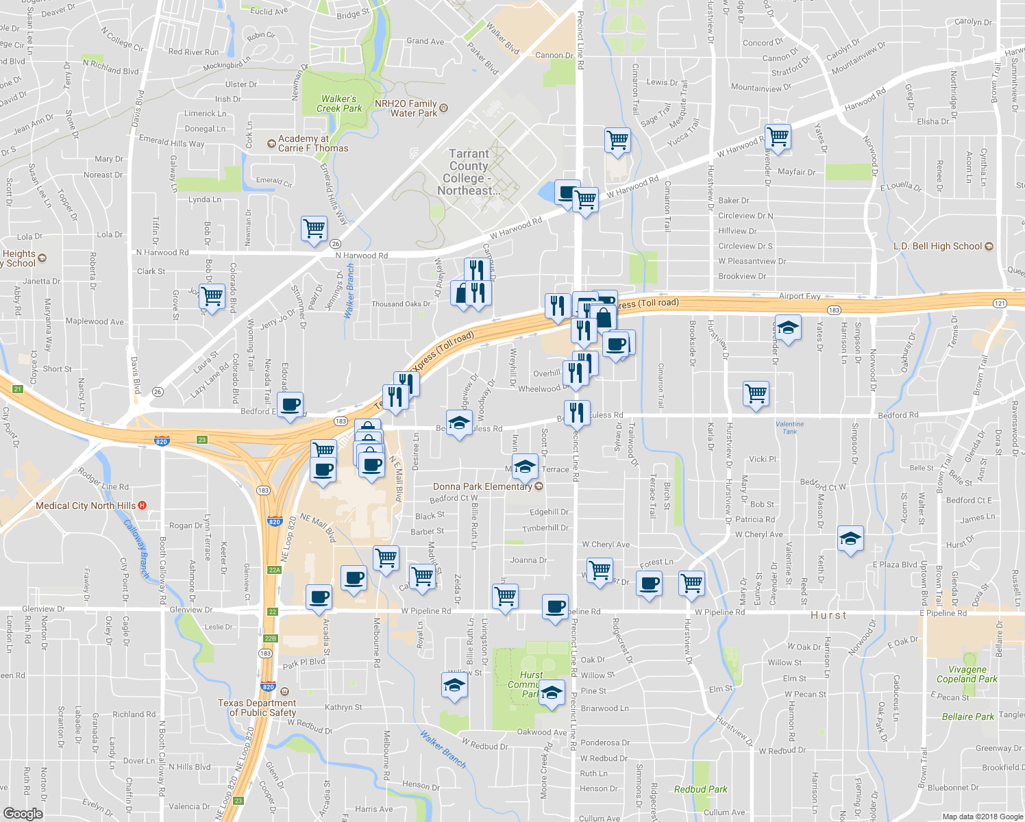map of restaurants, bars, coffee shops, grocery stores, and more near 850 W Bedford Euless Rd in Hurst