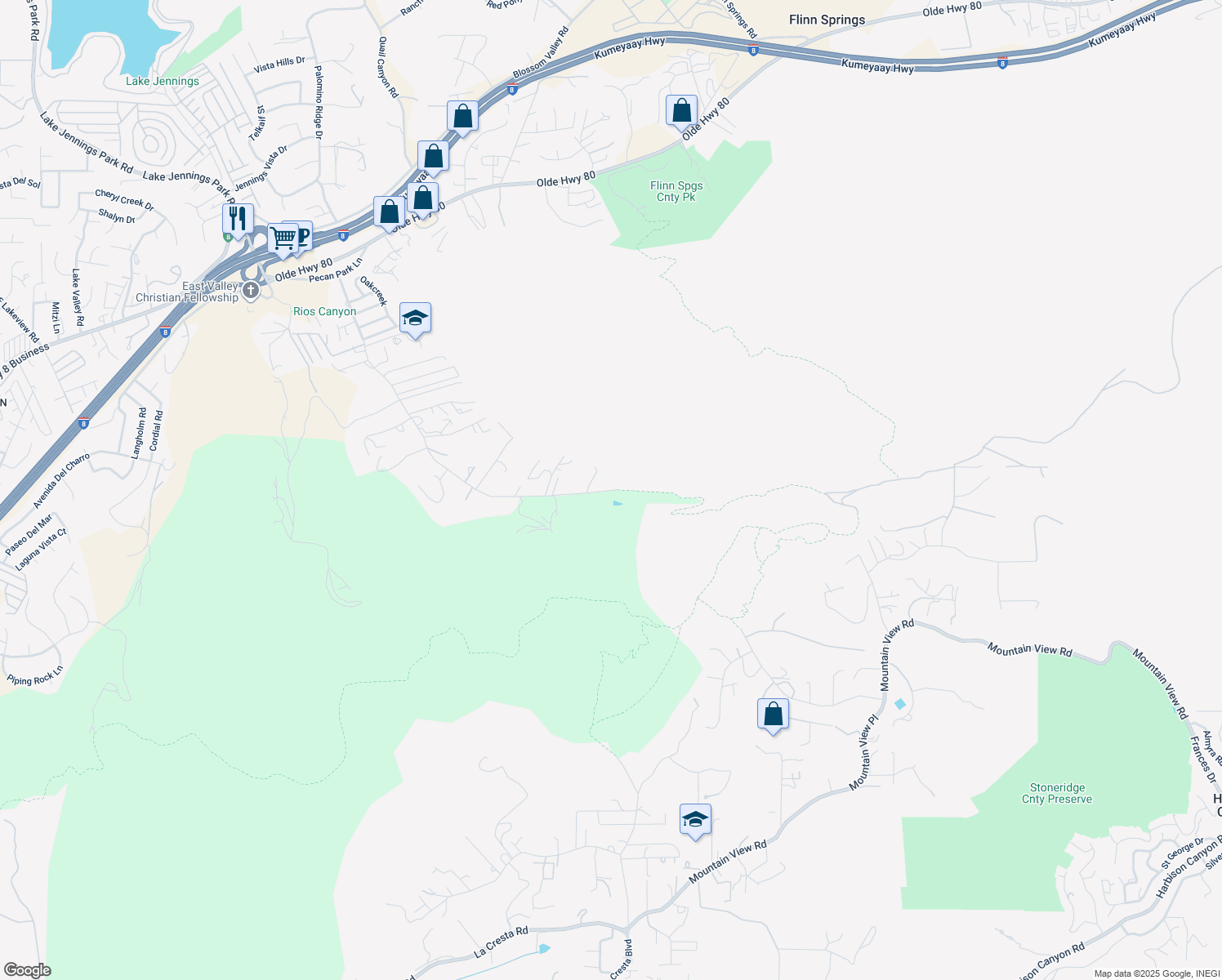 map of restaurants, bars, coffee shops, grocery stores, and more near 14890 Rios Canyon Road in El Cajon