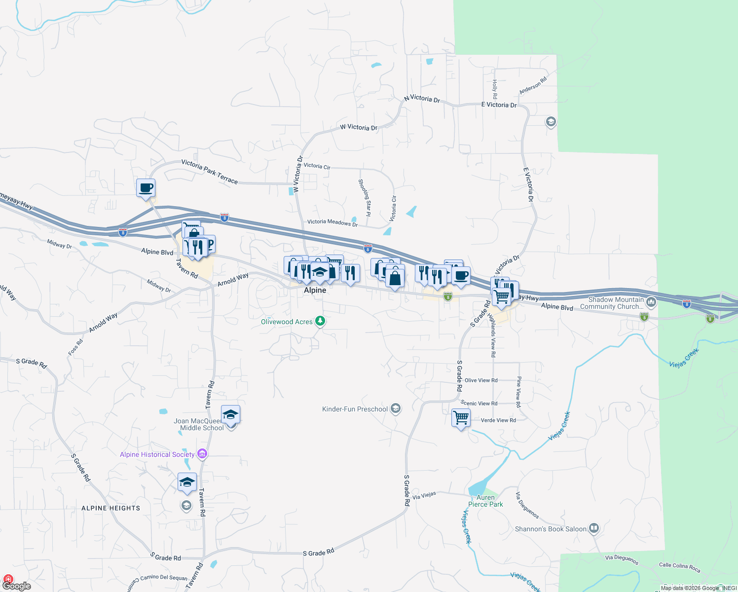 map of restaurants, bars, coffee shops, grocery stores, and more near 1434 Ramsey Road in Alpine