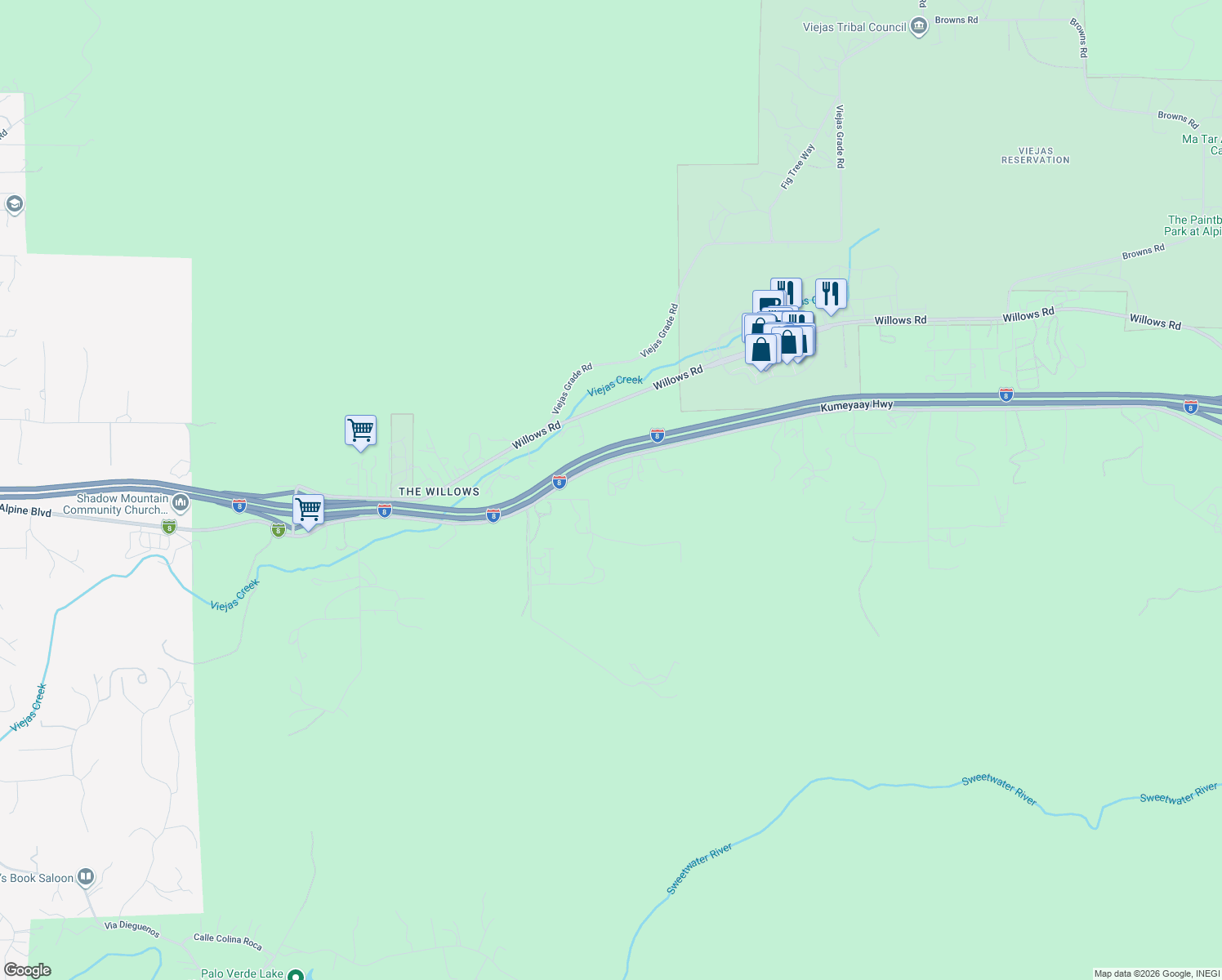 map of restaurants, bars, coffee shops, grocery stores, and more near 4631 Alpine Boulevard in Alpine