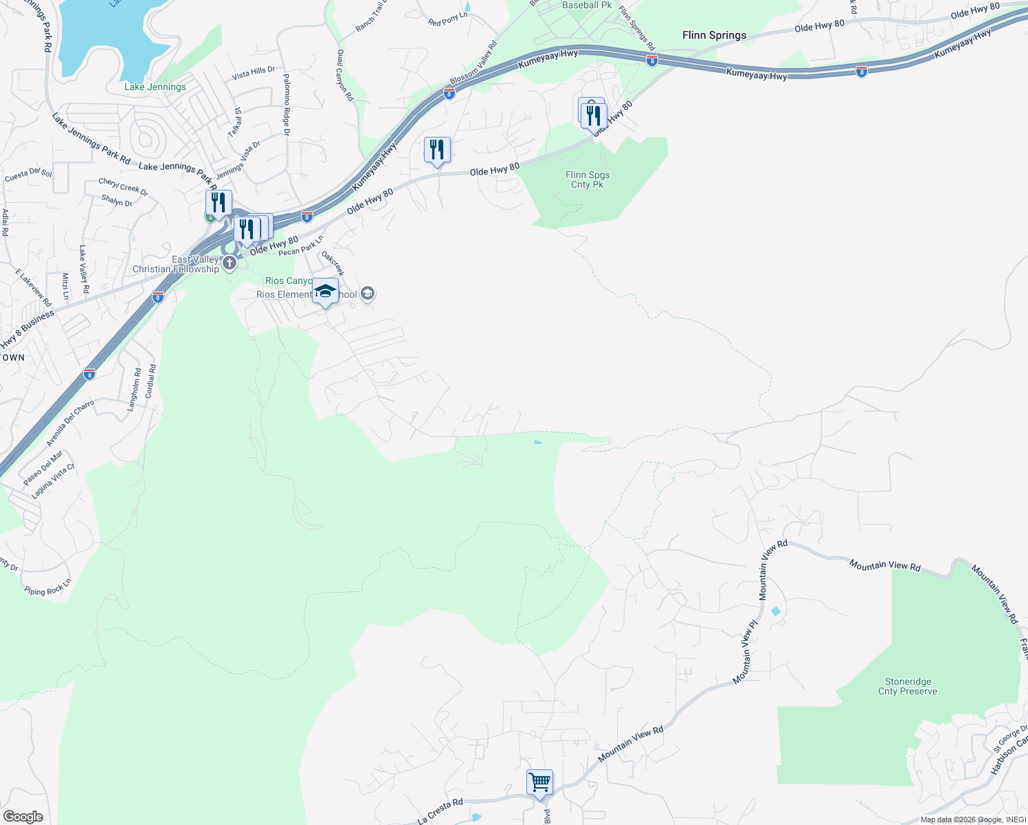 map of restaurants, bars, coffee shops, grocery stores, and more near 14668 Rios Canyon Road in El Cajon