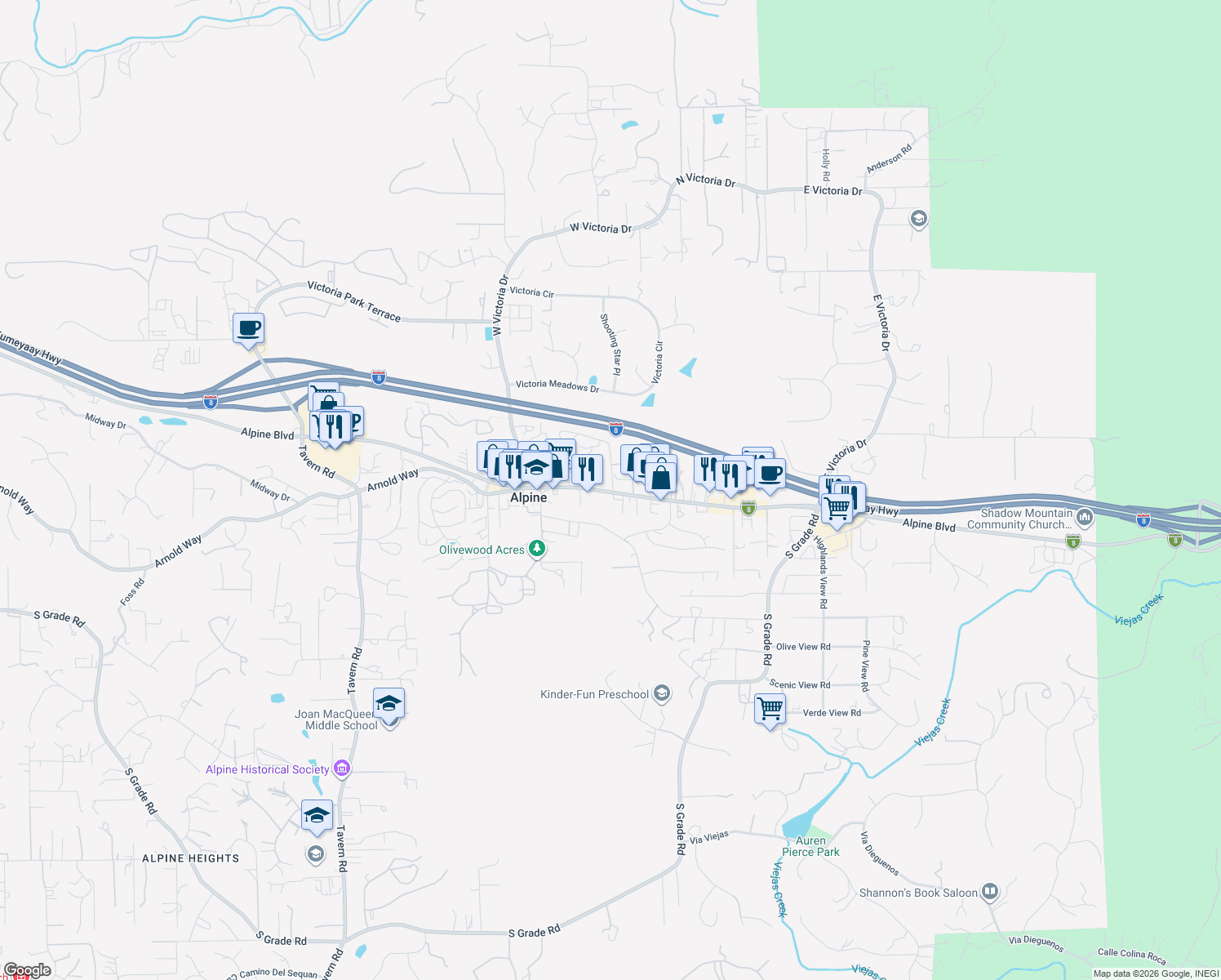 map of restaurants, bars, coffee shops, grocery stores, and more near 1434 Ramsey Road in Alpine