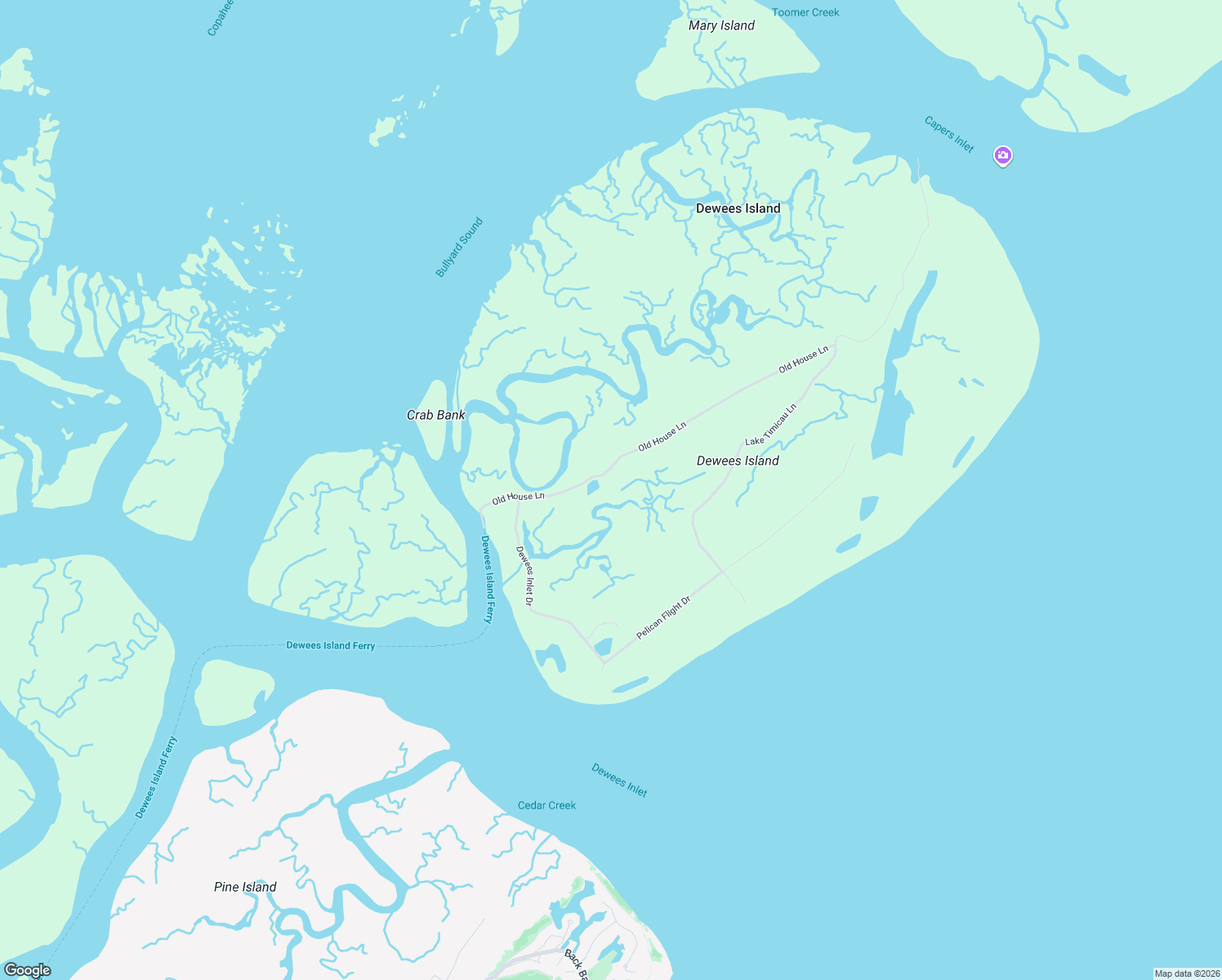 map of restaurants, bars, coffee shops, grocery stores, and more near 243 Old House Lane in Dewees Island