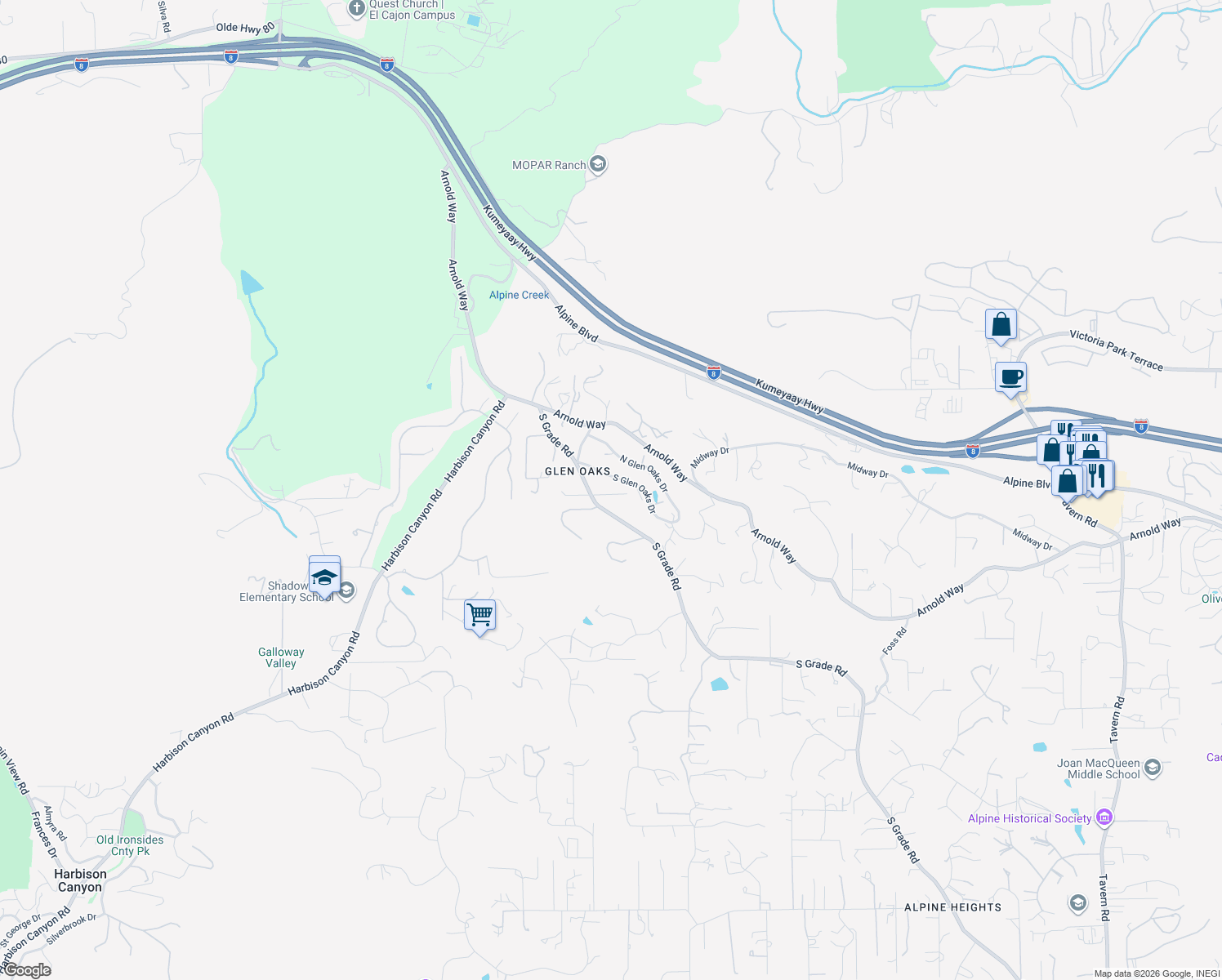 map of restaurants, bars, coffee shops, grocery stores, and more near 565 South Glen Oaks Drive in Alpine