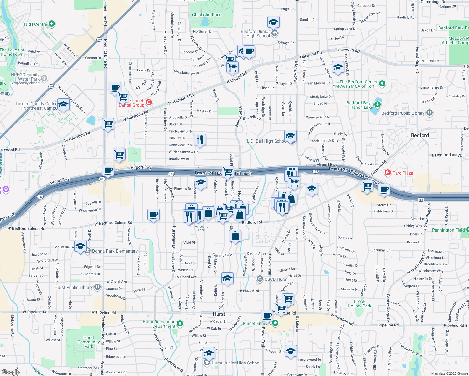 map of restaurants, bars, coffee shops, grocery stores, and more near 1412 Simpson Drive in Hurst