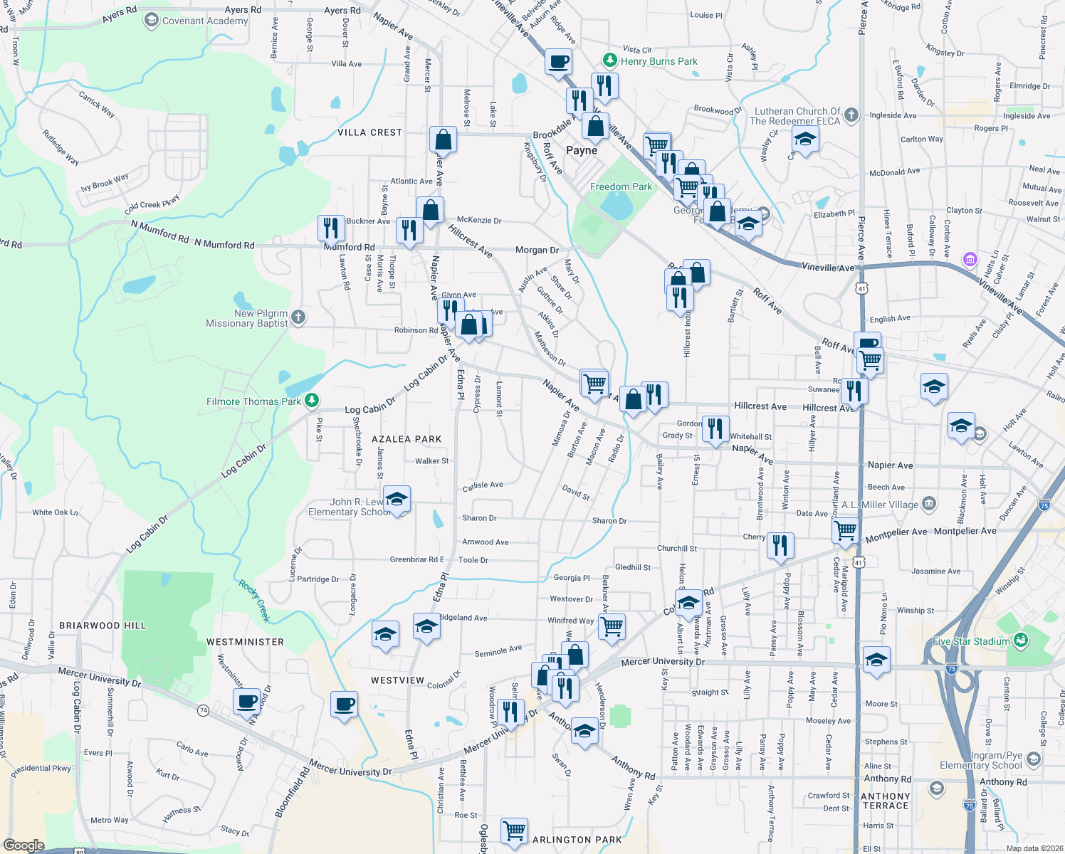 map of restaurants, bars, coffee shops, grocery stores, and more near 1136 Carlisle Ave in Macon