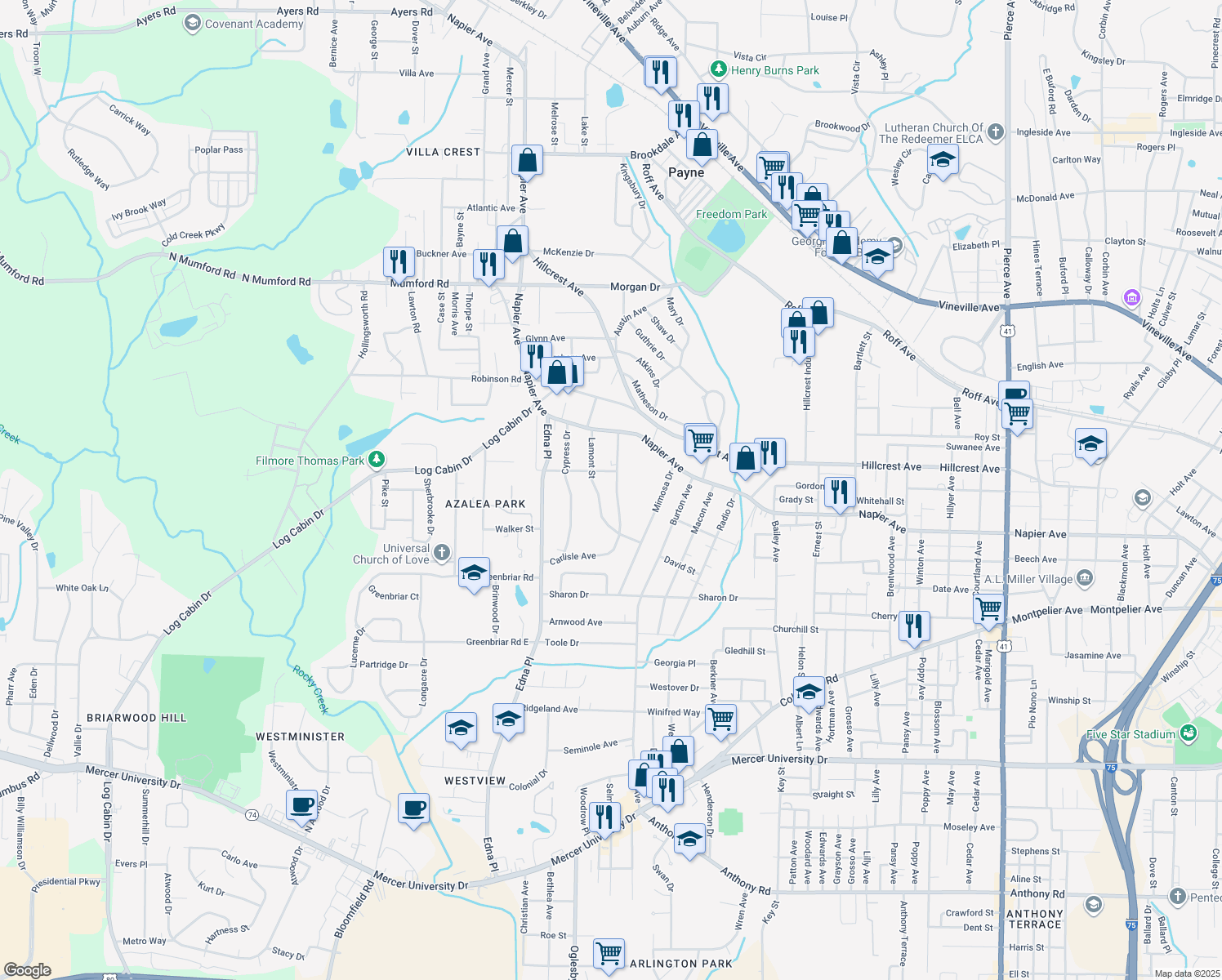map of restaurants, bars, coffee shops, grocery stores, and more near 1129 Carlisle Avenue in Macon