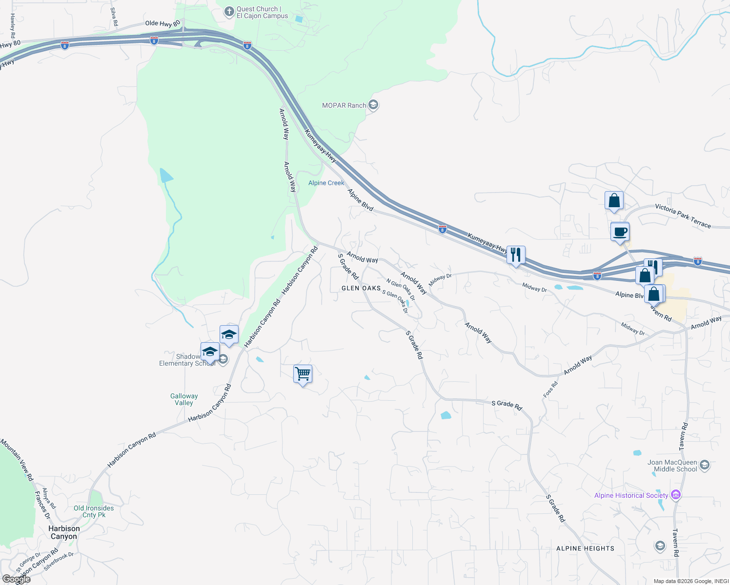 map of restaurants, bars, coffee shops, grocery stores, and more near 523 South Glen Oaks Drive in Alpine