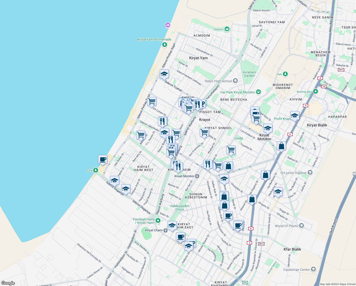 map of restaurants, bars, coffee shops, grocery stores, and more near 29 Sderot Yerushalayim in Kiryat Yam