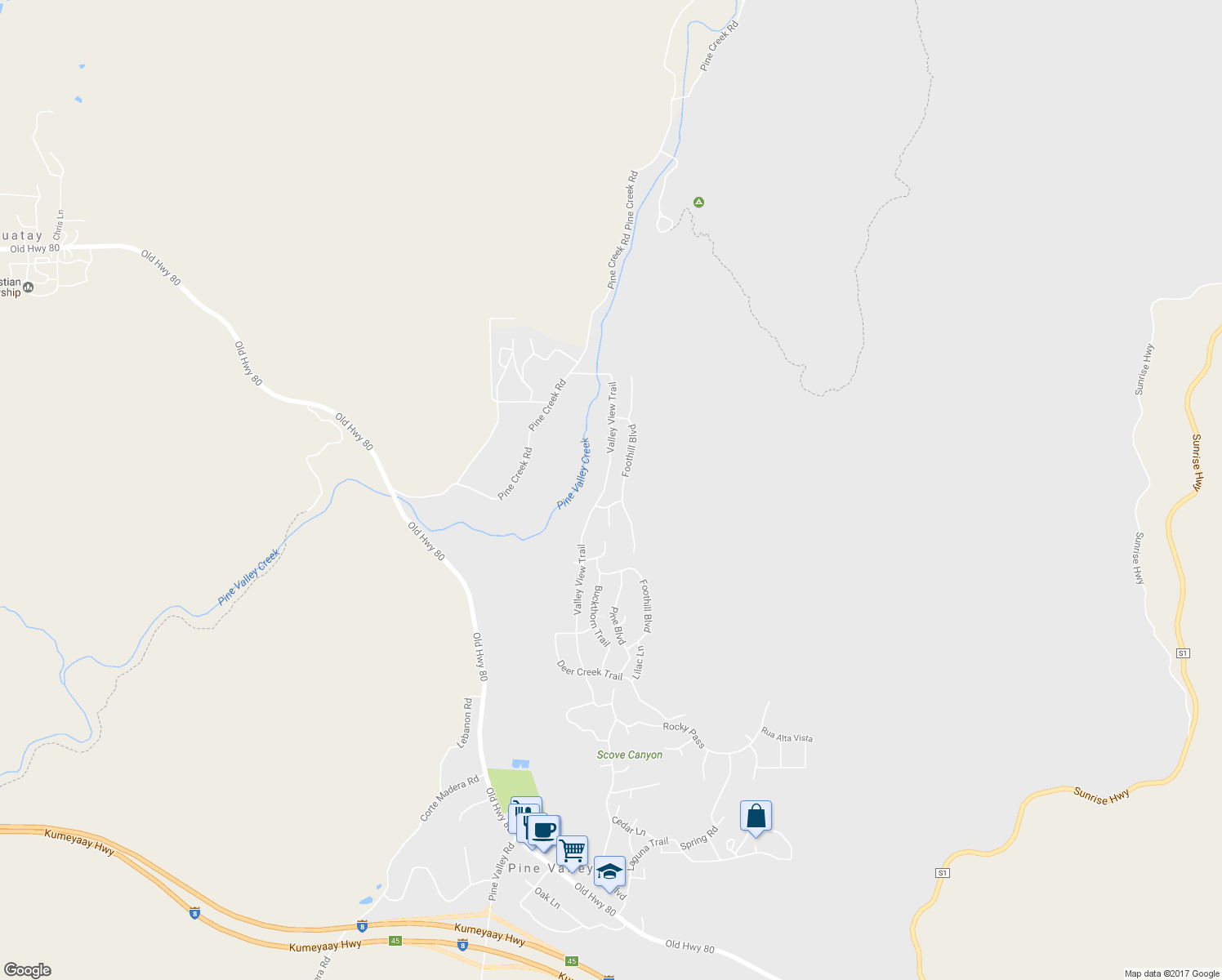 map of restaurants, bars, coffee shops, grocery stores, and more near 8435 Valley View Trail in Pine Valley
