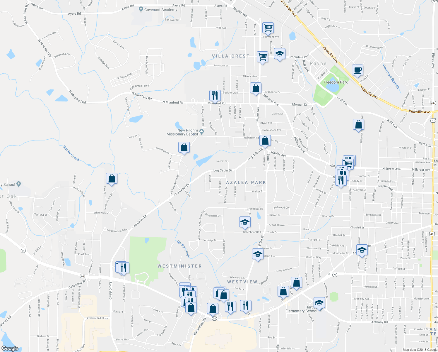 map of restaurants, bars, coffee shops, grocery stores, and more near 1225 Westmount Road in Macon