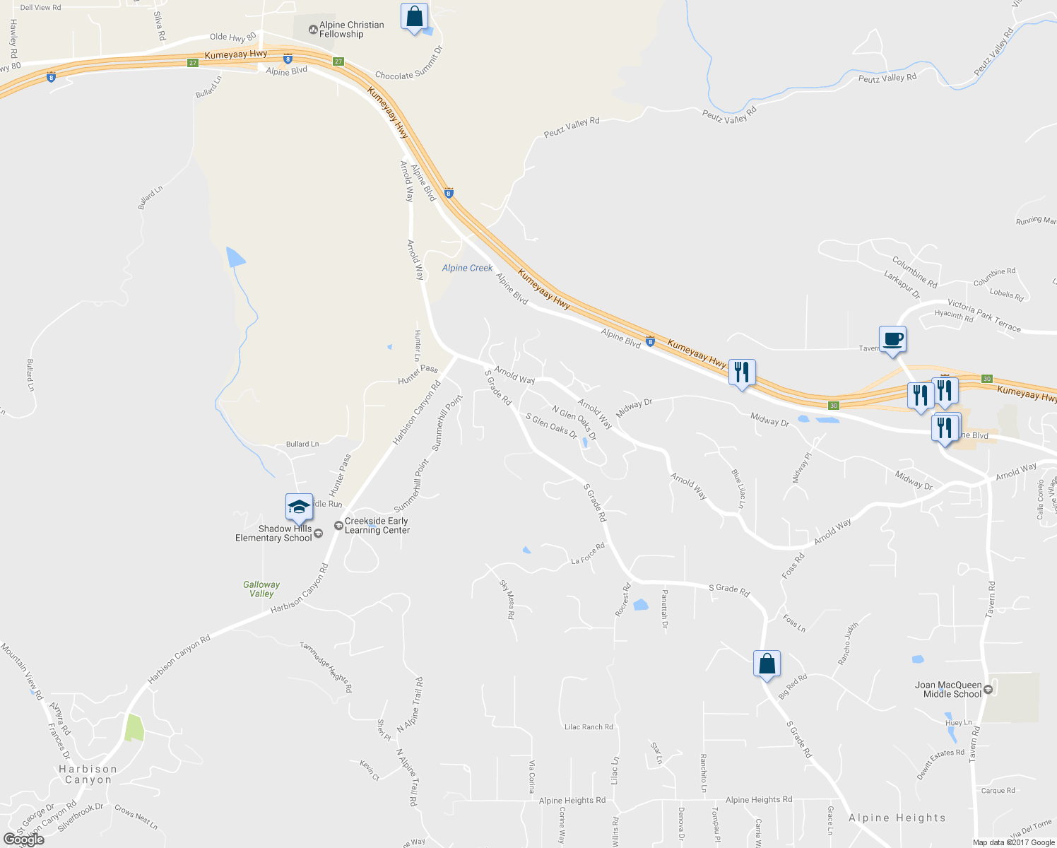 map of restaurants, bars, coffee shops, grocery stores, and more near 523 South Glen Oaks Drive in Alpine