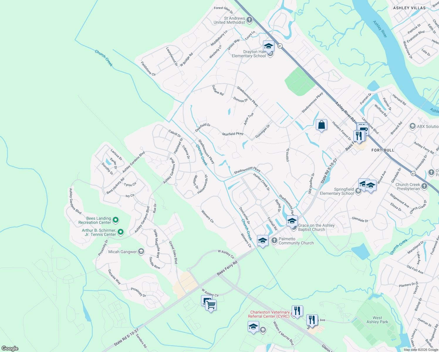 map of restaurants, bars, coffee shops, grocery stores, and more near 495 Shadowmoss Parkway in Charleston