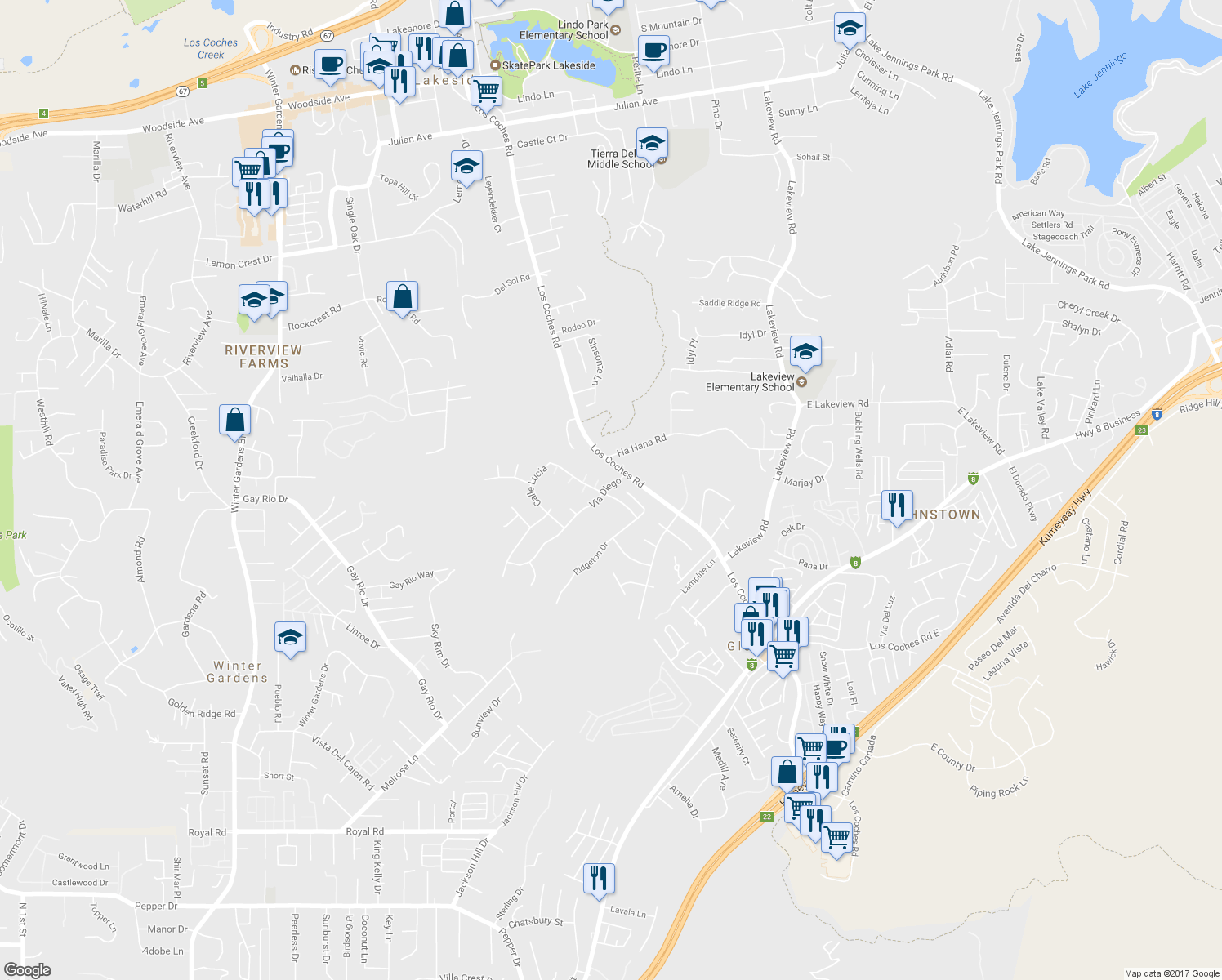 map of restaurants, bars, coffee shops, grocery stores, and more near 12679 Ridgeton Drive in Lakeside