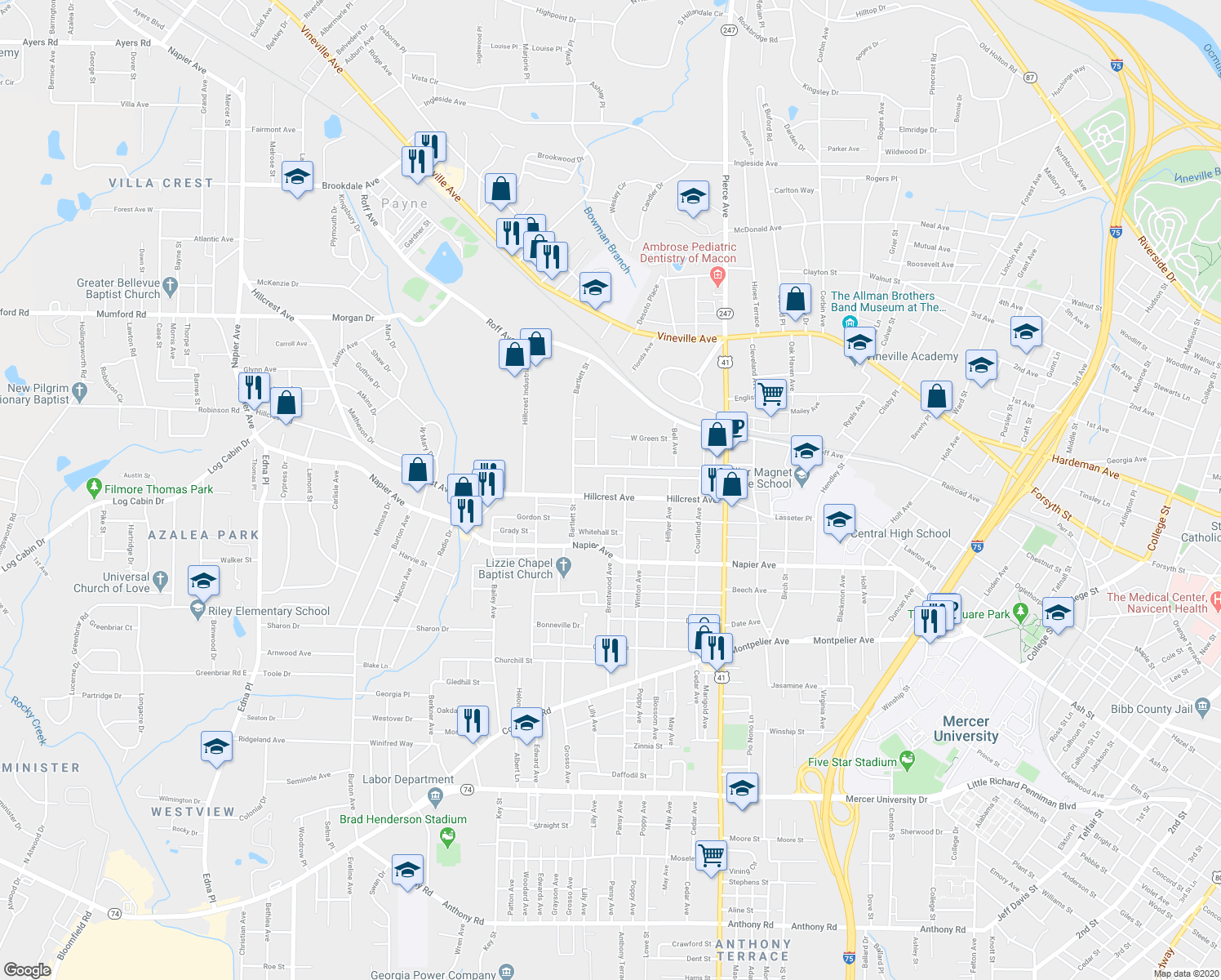 map of restaurants, bars, coffee shops, grocery stores, and more near 2787 Hillcrest Avenue in Macon