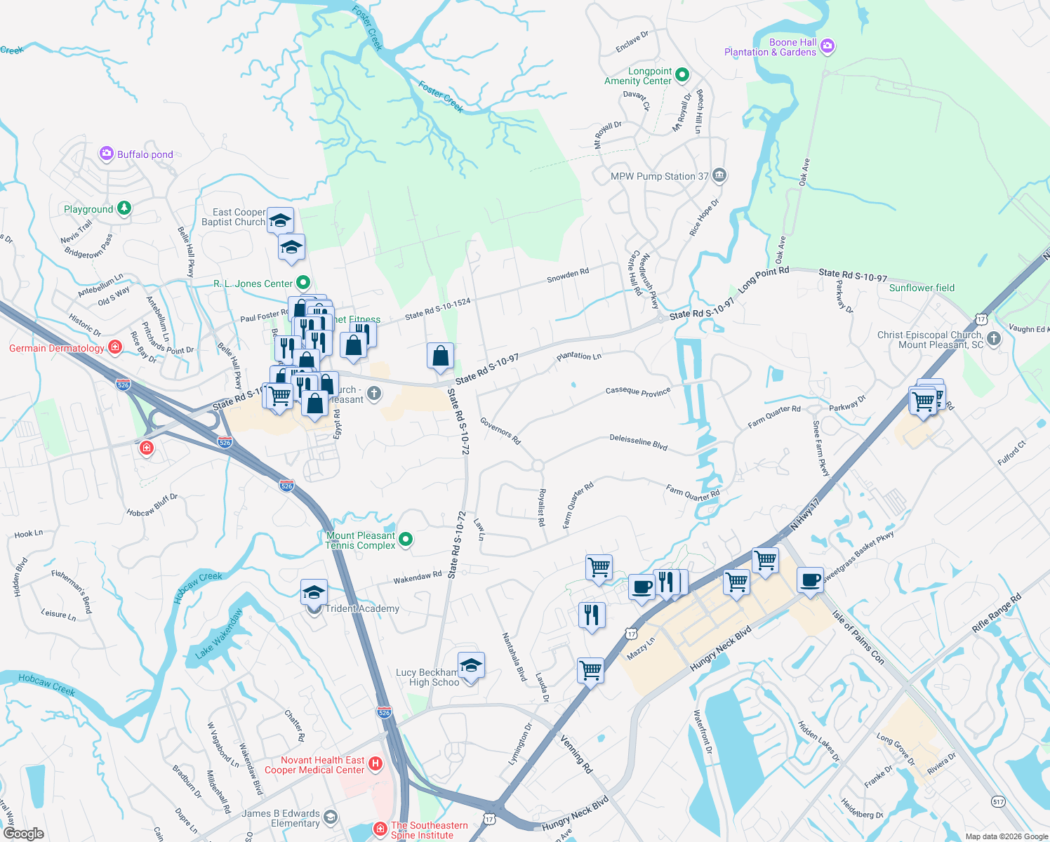 map of restaurants, bars, coffee shops, grocery stores, and more near 1018 Casseque Province in Mount Pleasant