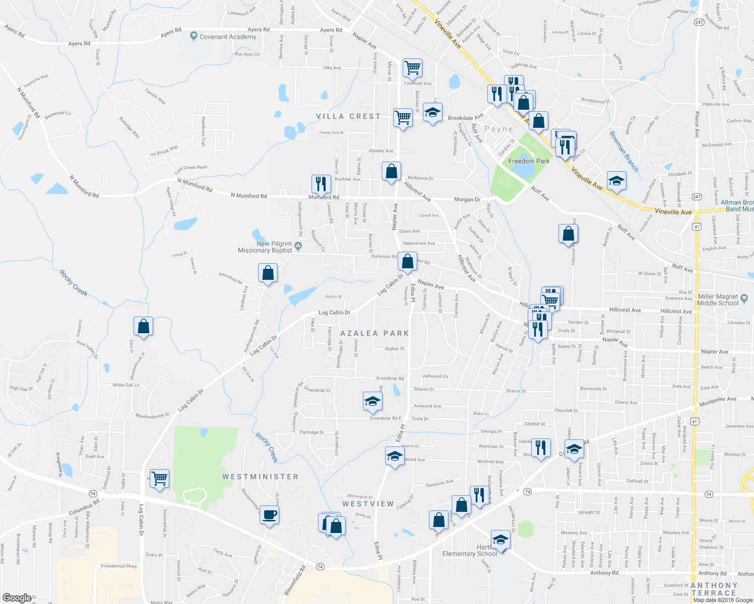 map of restaurants, bars, coffee shops, grocery stores, and more near 3592 Log Cabin Drive in Macon