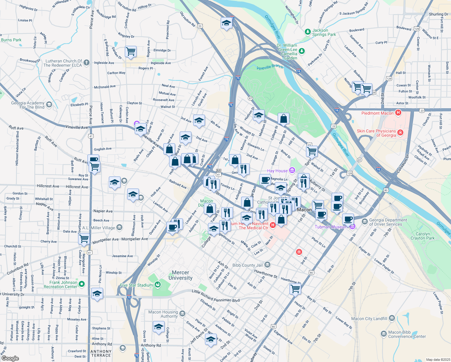 map of restaurants, bars, coffee shops, grocery stores, and more near 557 Monroe St in Macon