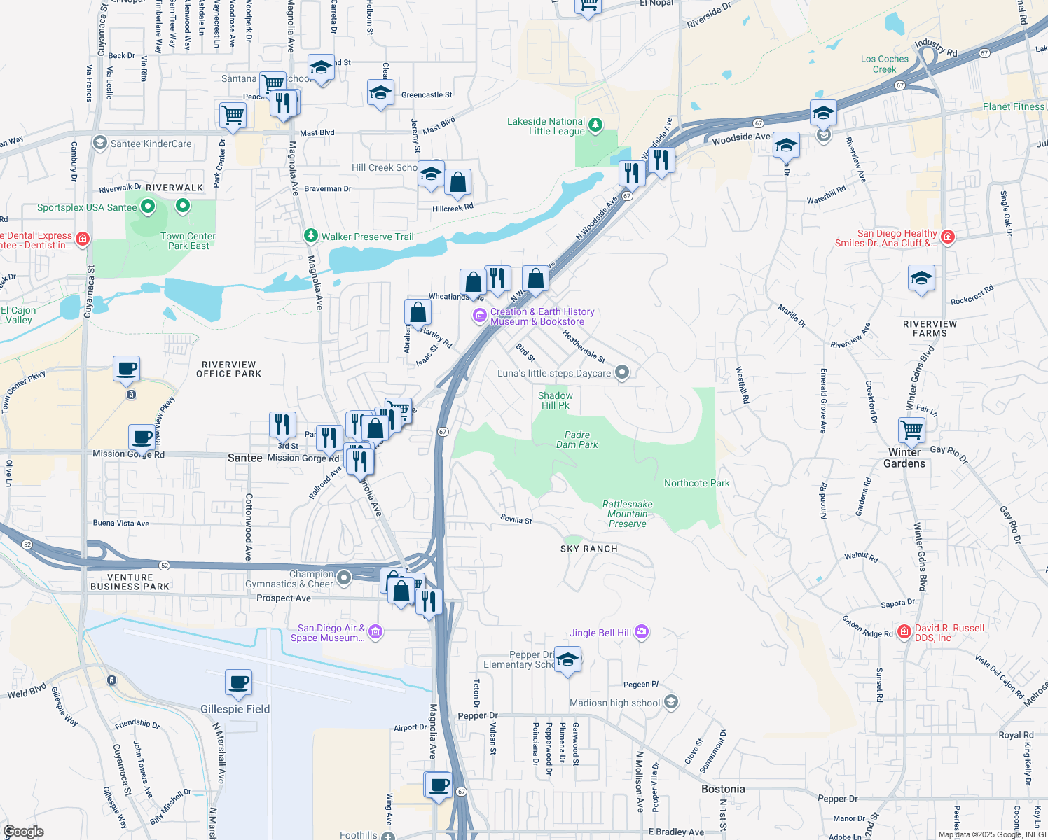 map of restaurants, bars, coffee shops, grocery stores, and more near 11061 Crystal Springs Road in Santee