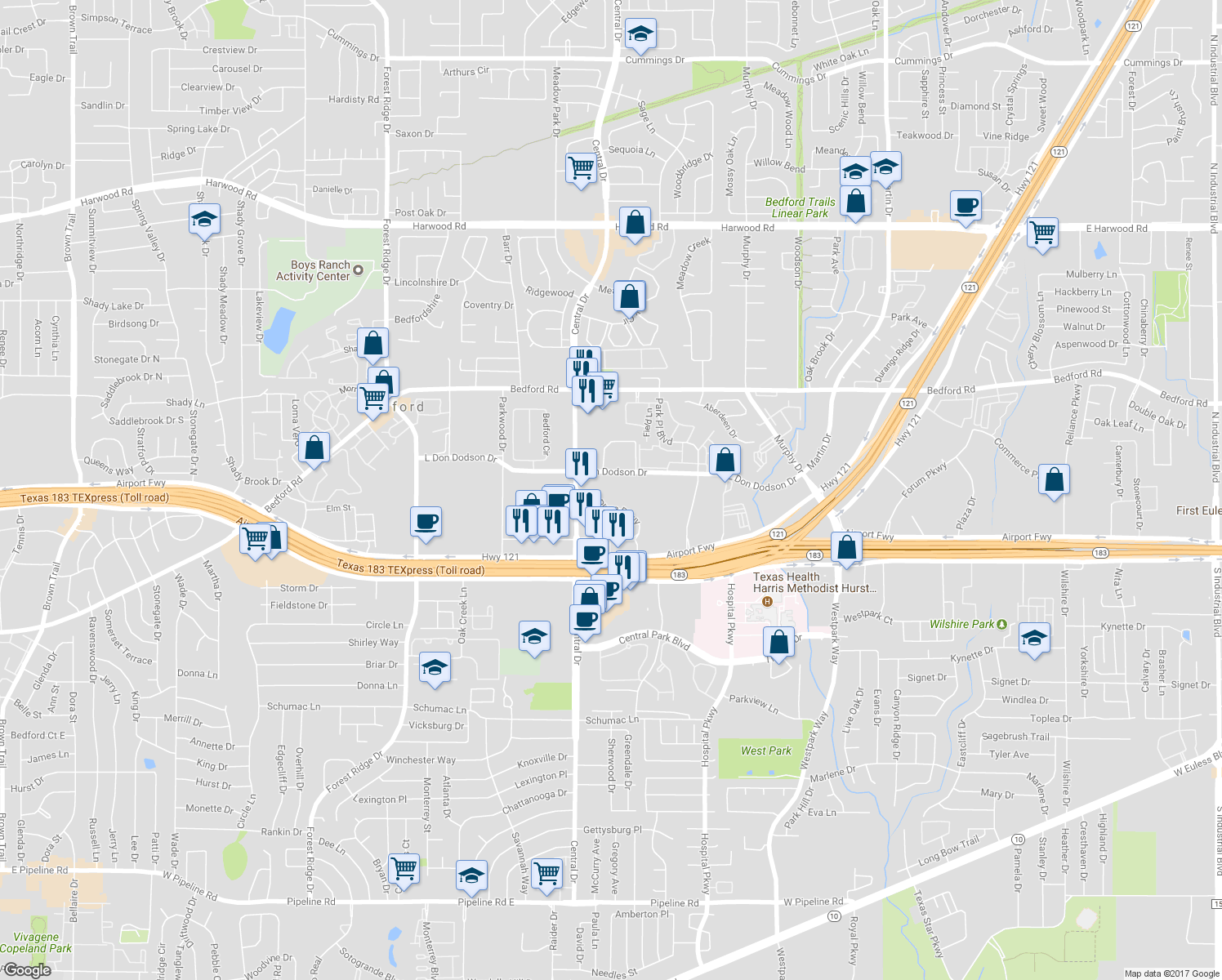 map of restaurants, bars, coffee shops, grocery stores, and more near 2130 L Don Dodson Drive in Bedford