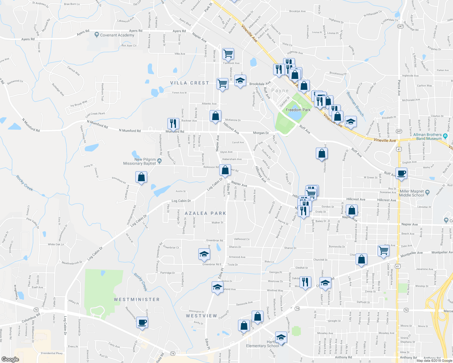 map of restaurants, bars, coffee shops, grocery stores, and more near 1005 Edna Place in Macon