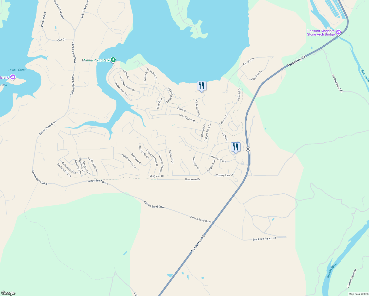 map of restaurants, bars, coffee shops, grocery stores, and more near 545 Cypress Point in Graford