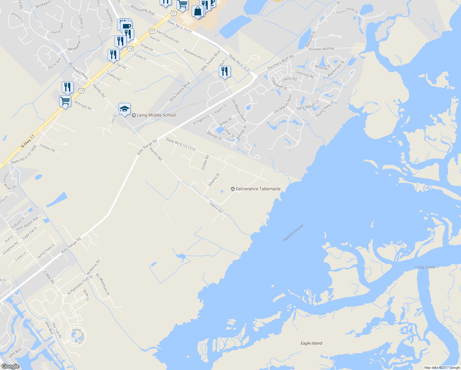 map of restaurants, bars, coffee shops, grocery stores, and more near 2760 Hamlin Beach Road in Mount Pleasant