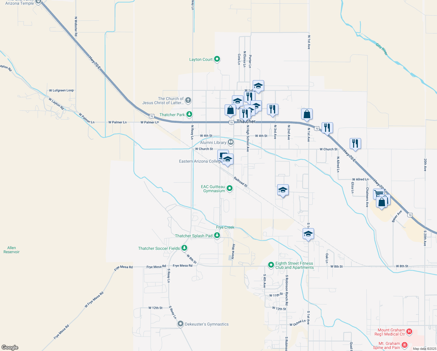 map of restaurants, bars, coffee shops, grocery stores, and more near 486 North Stadium Avenue in Thatcher