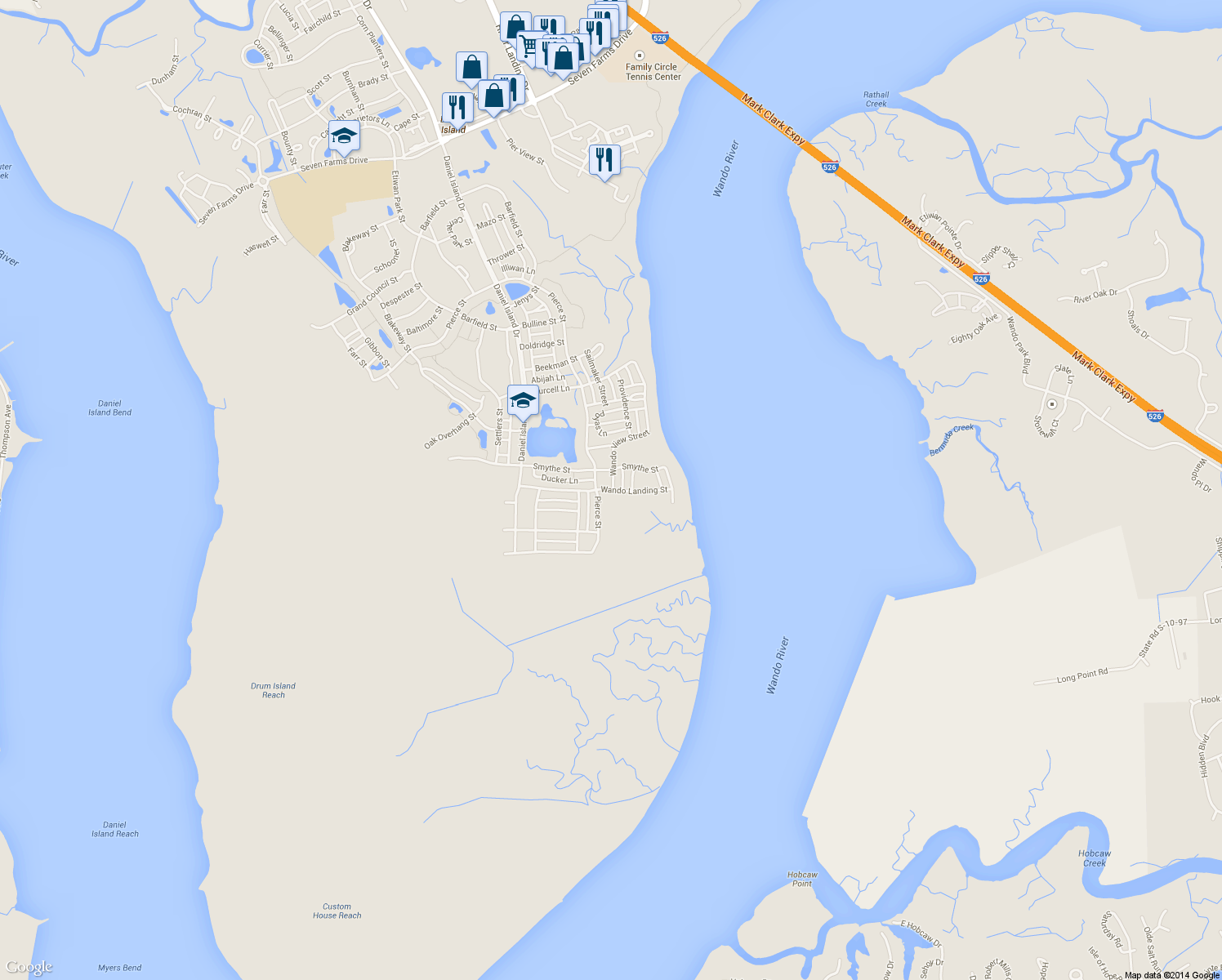 map of restaurants, bars, coffee shops, grocery stores, and more near 1519 Wando Landing Street in Charleston