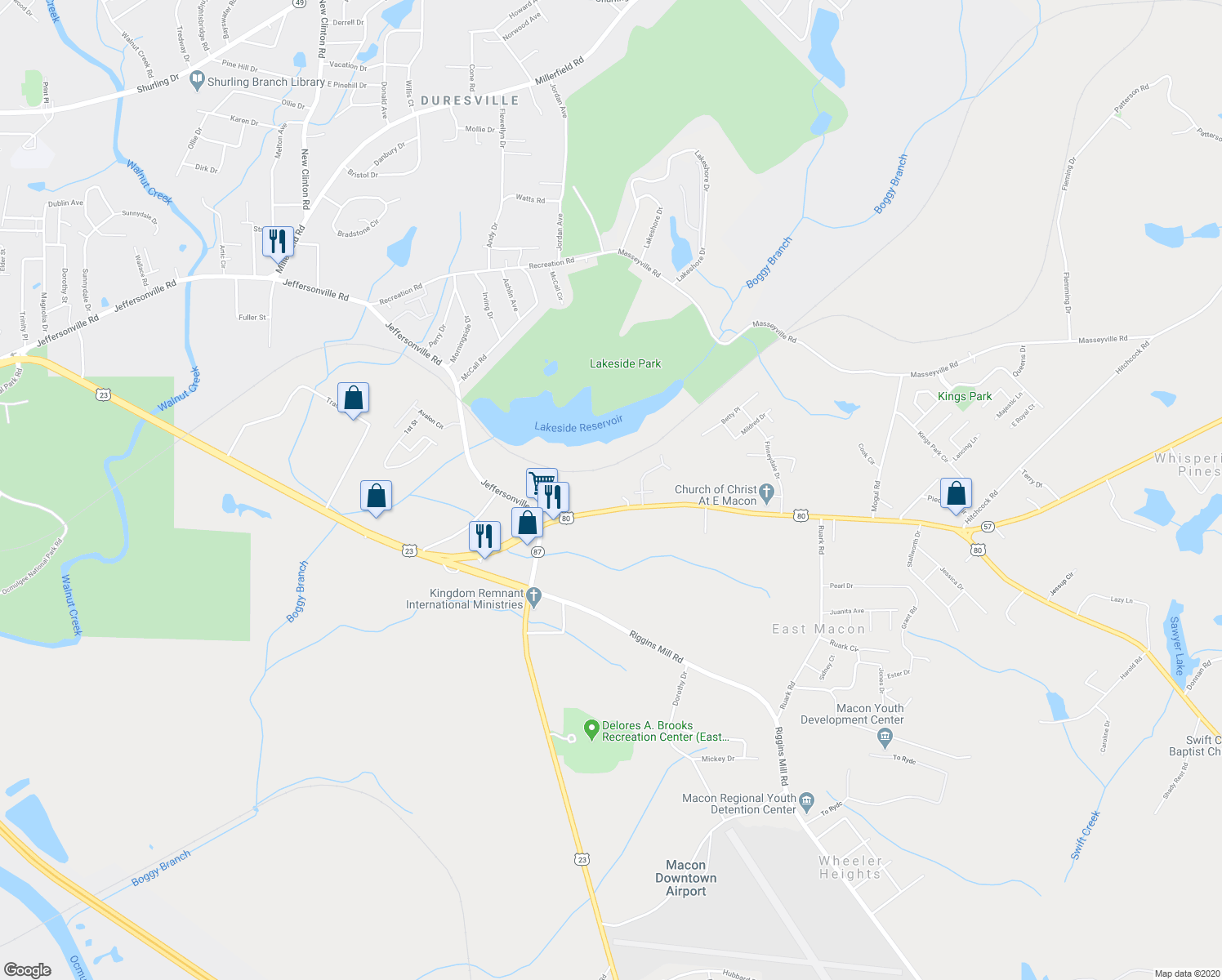 map of restaurants, bars, coffee shops, grocery stores, and more near 3020 Jeffersonville Road in Macon