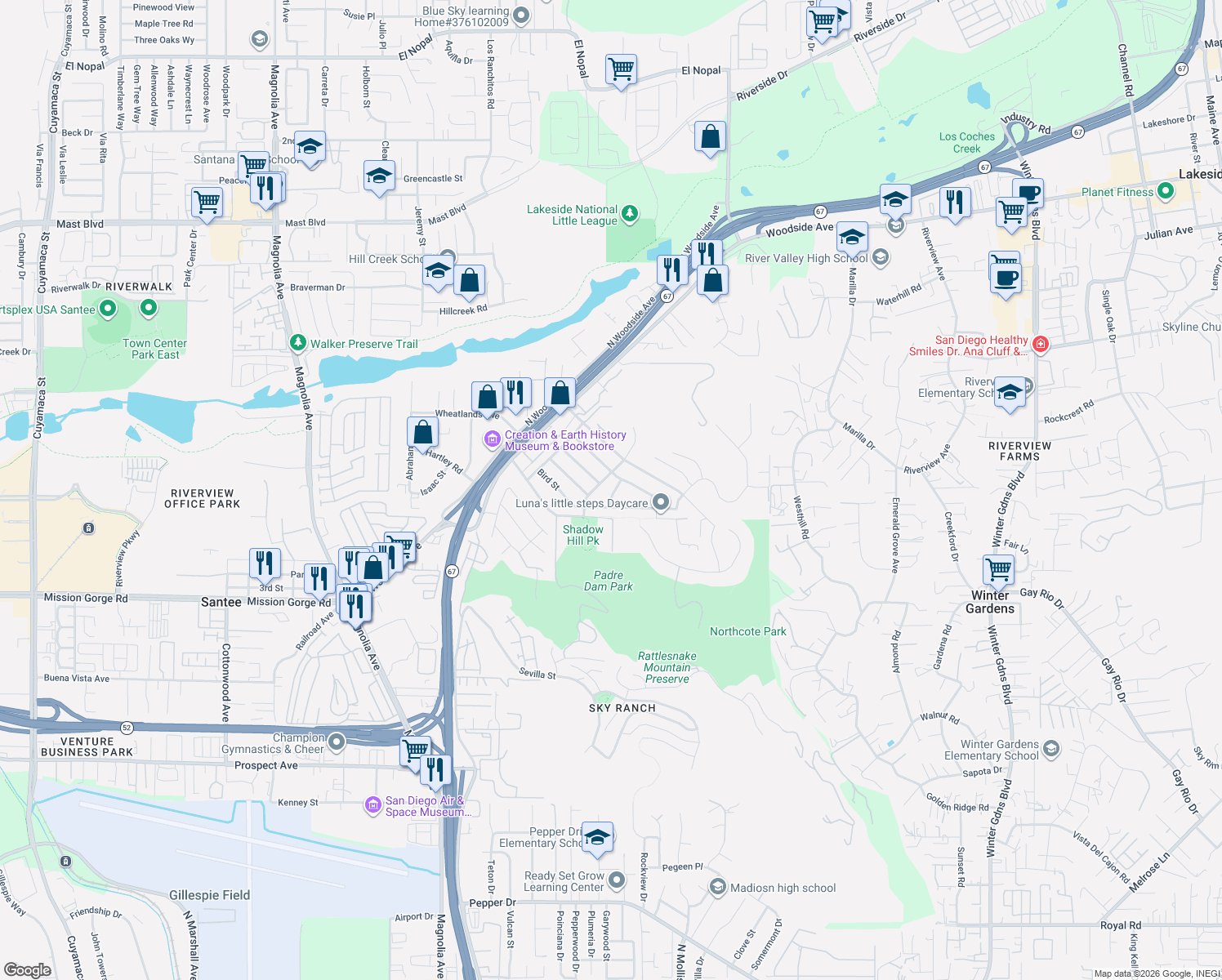 map of restaurants, bars, coffee shops, grocery stores, and more near 11102 Shadow Hill Way in Santee