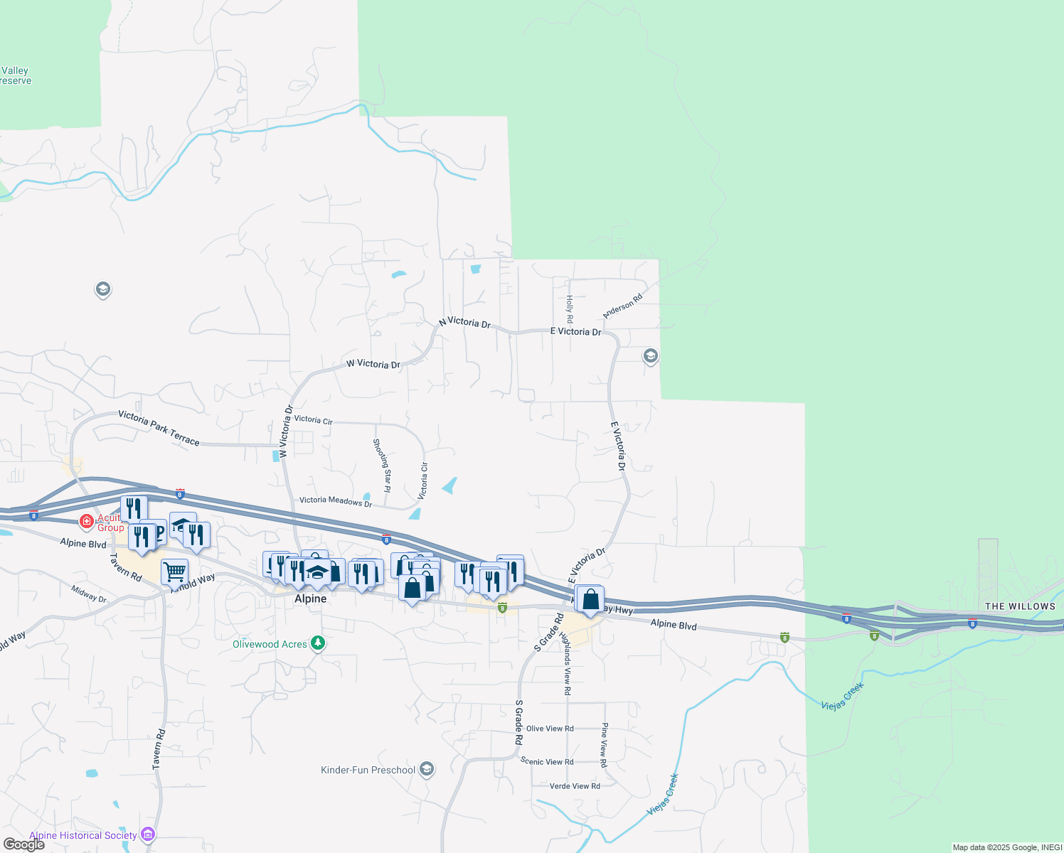 map of restaurants, bars, coffee shops, grocery stores, and more near 2869 Polk Road in Alpine