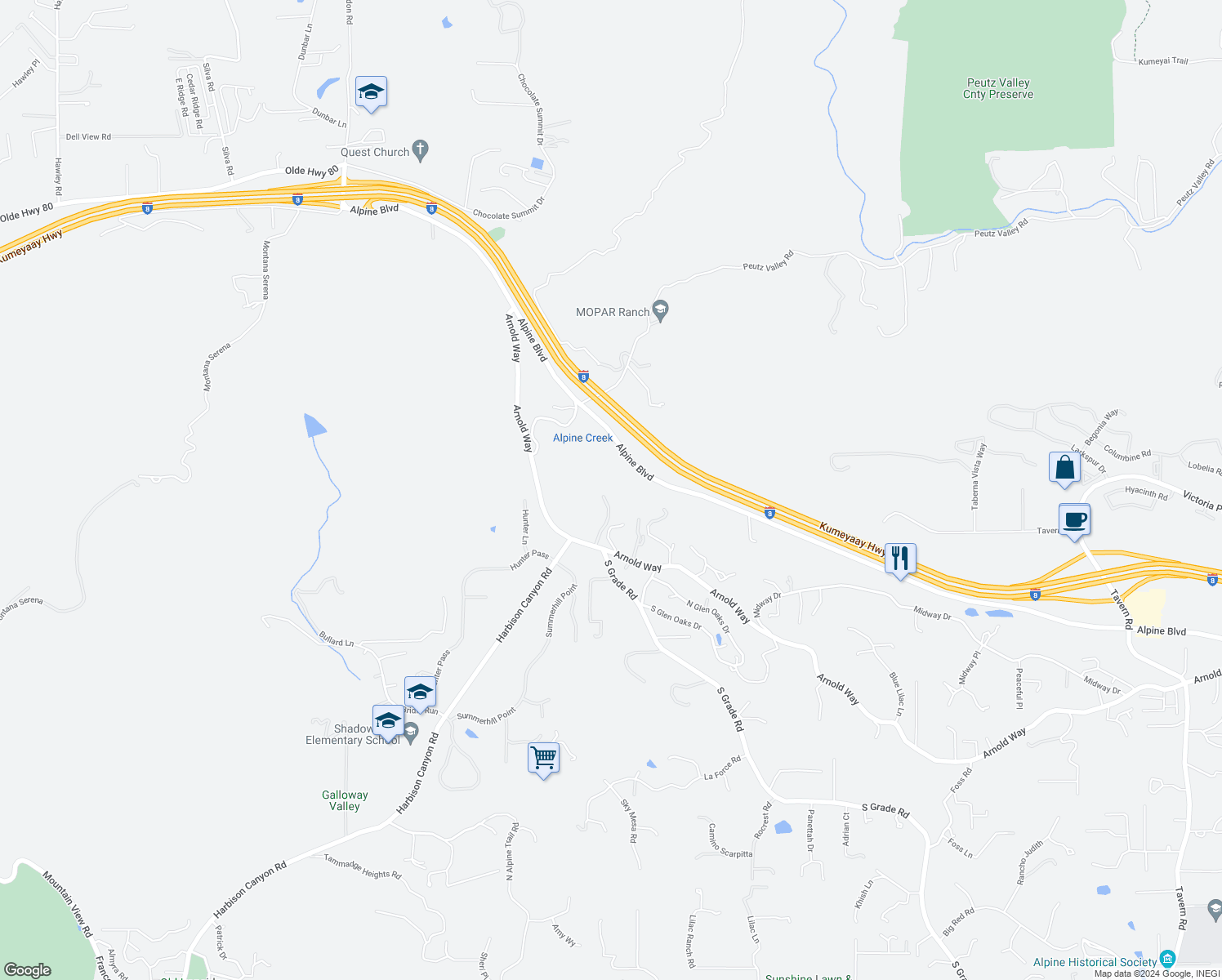 map of restaurants, bars, coffee shops, grocery stores, and more near 432 Arnold Way in Alpine