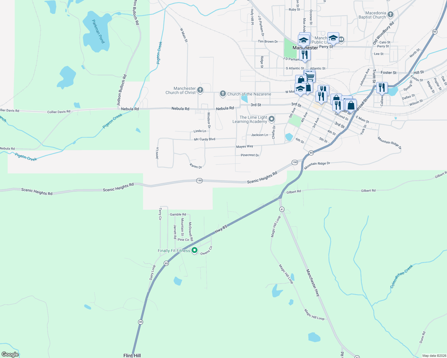map of restaurants, bars, coffee shops, grocery stores, and more near 7207 Georgia 190 in Manchester