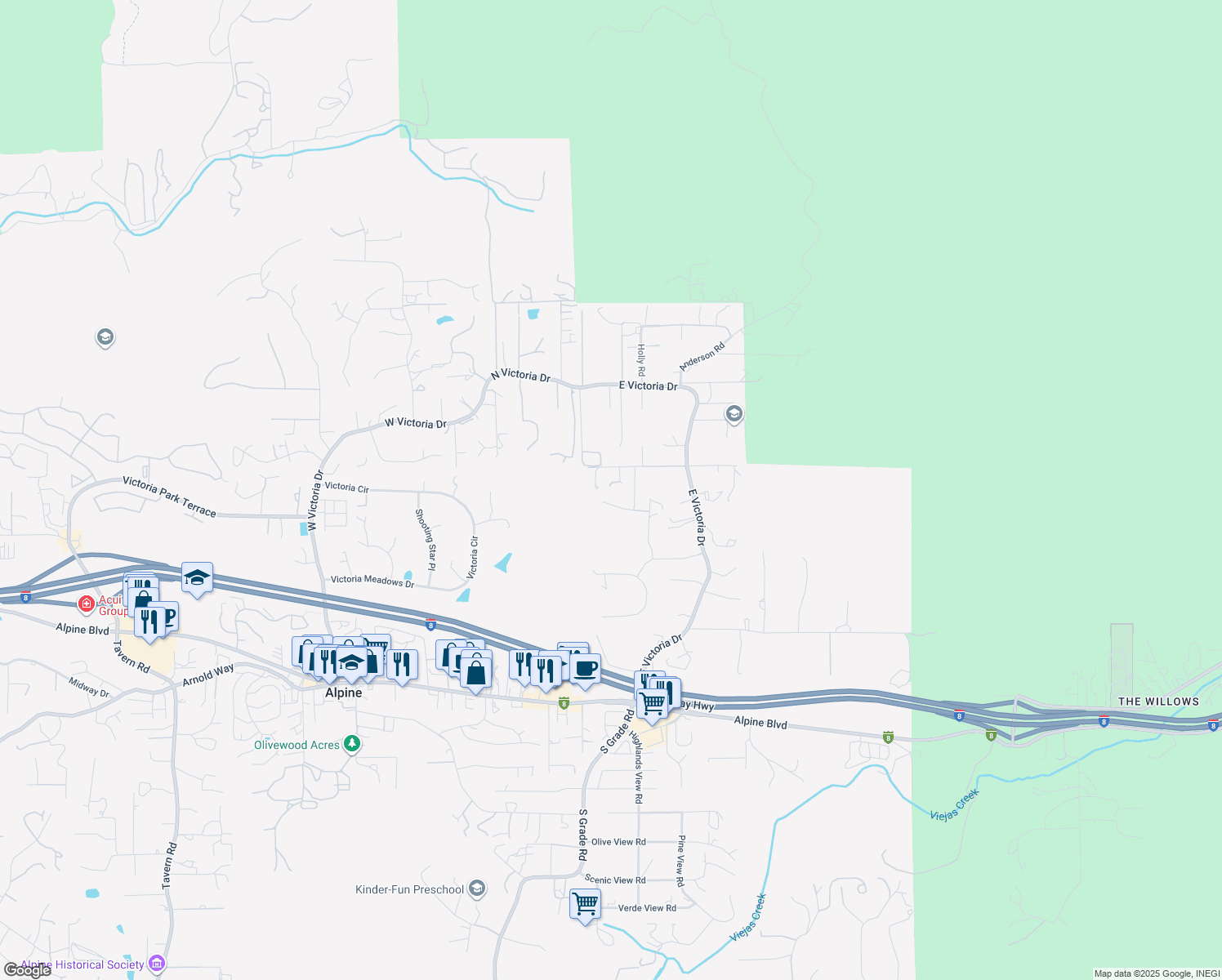 map of restaurants, bars, coffee shops, grocery stores, and more near 2869 Polk Road in Alpine