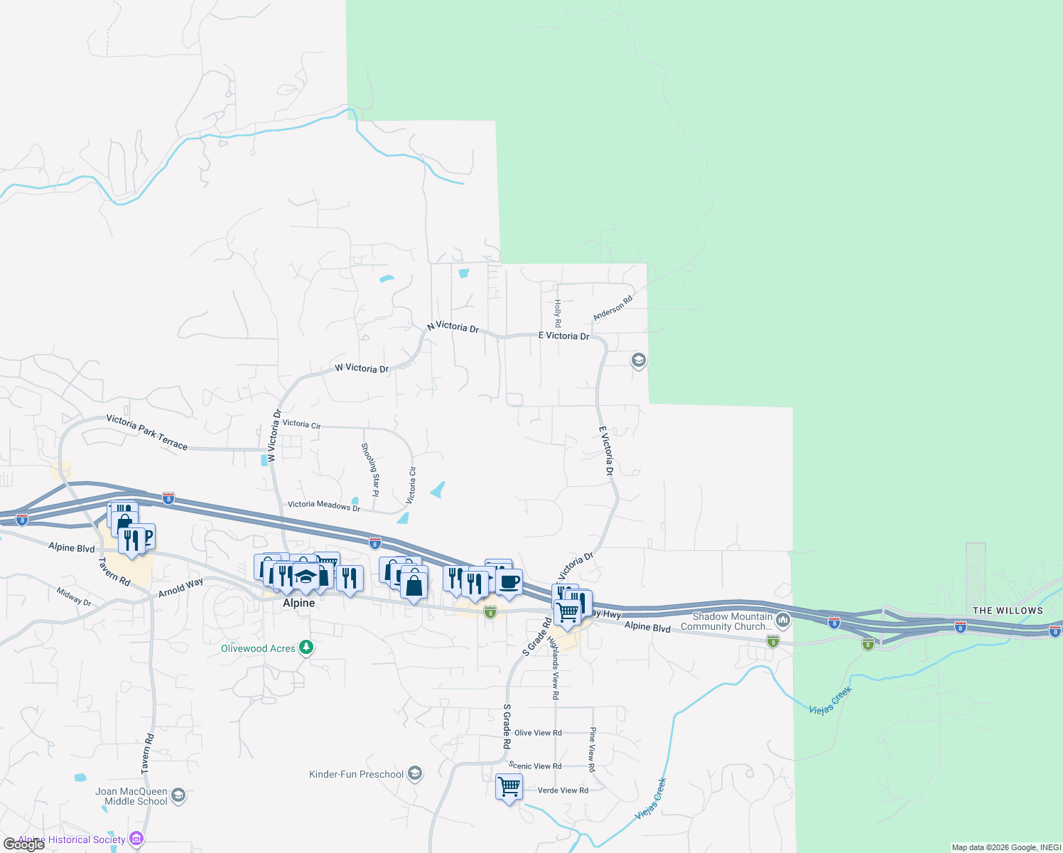 map of restaurants, bars, coffee shops, grocery stores, and more near 2869 Polk Road in Alpine