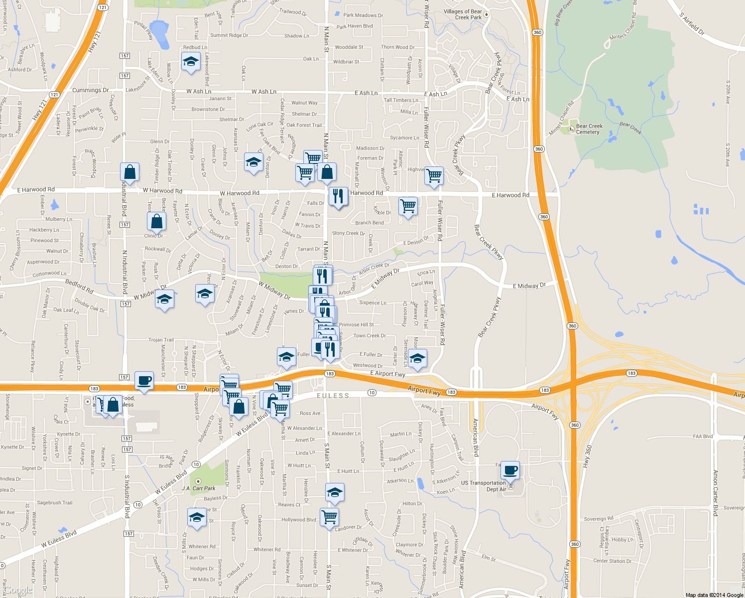 map of restaurants, bars, coffee shops, grocery stores, and more near 305 Sixpence Lane in Euless