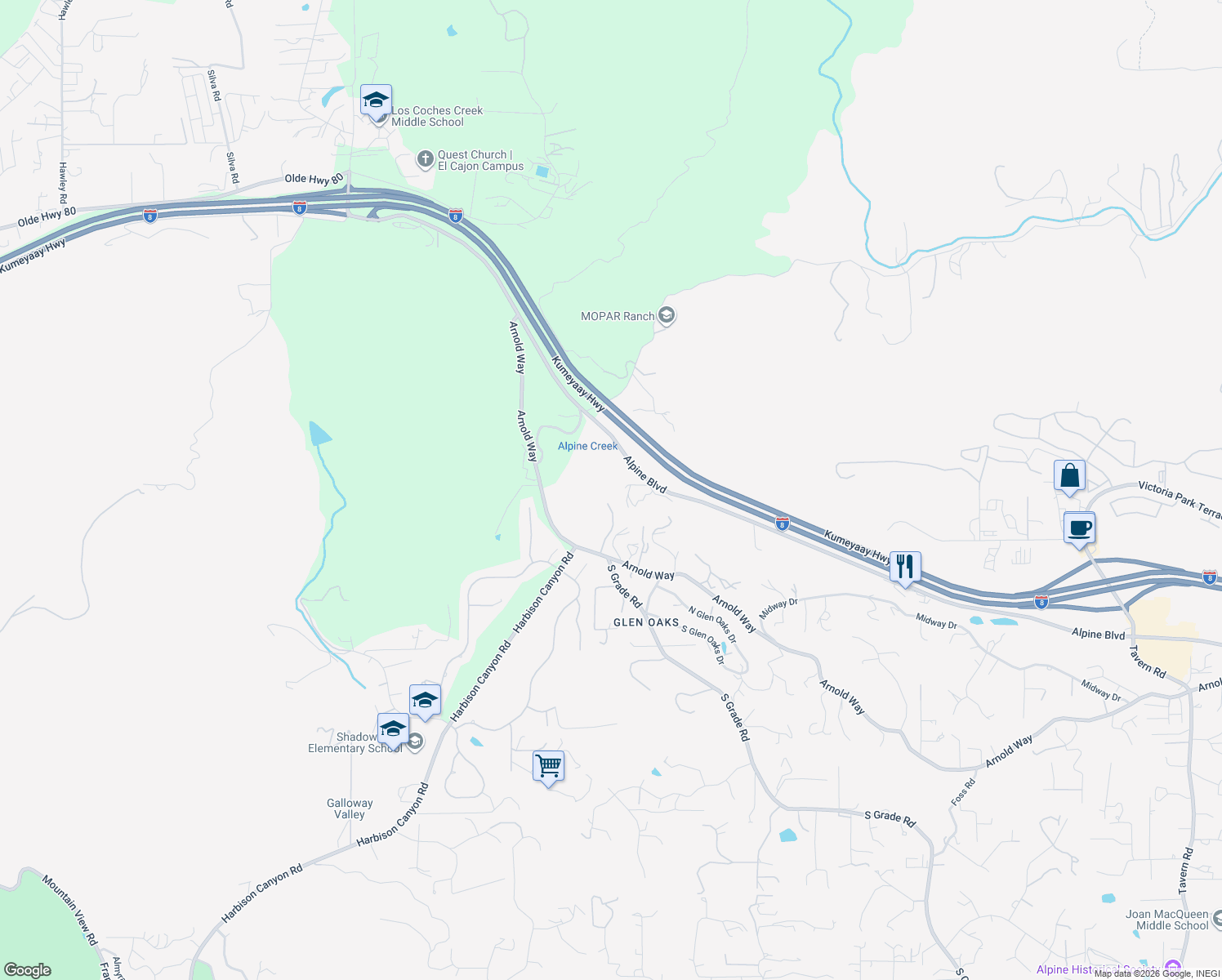 map of restaurants, bars, coffee shops, grocery stores, and more near 432 Arnold Way in Alpine