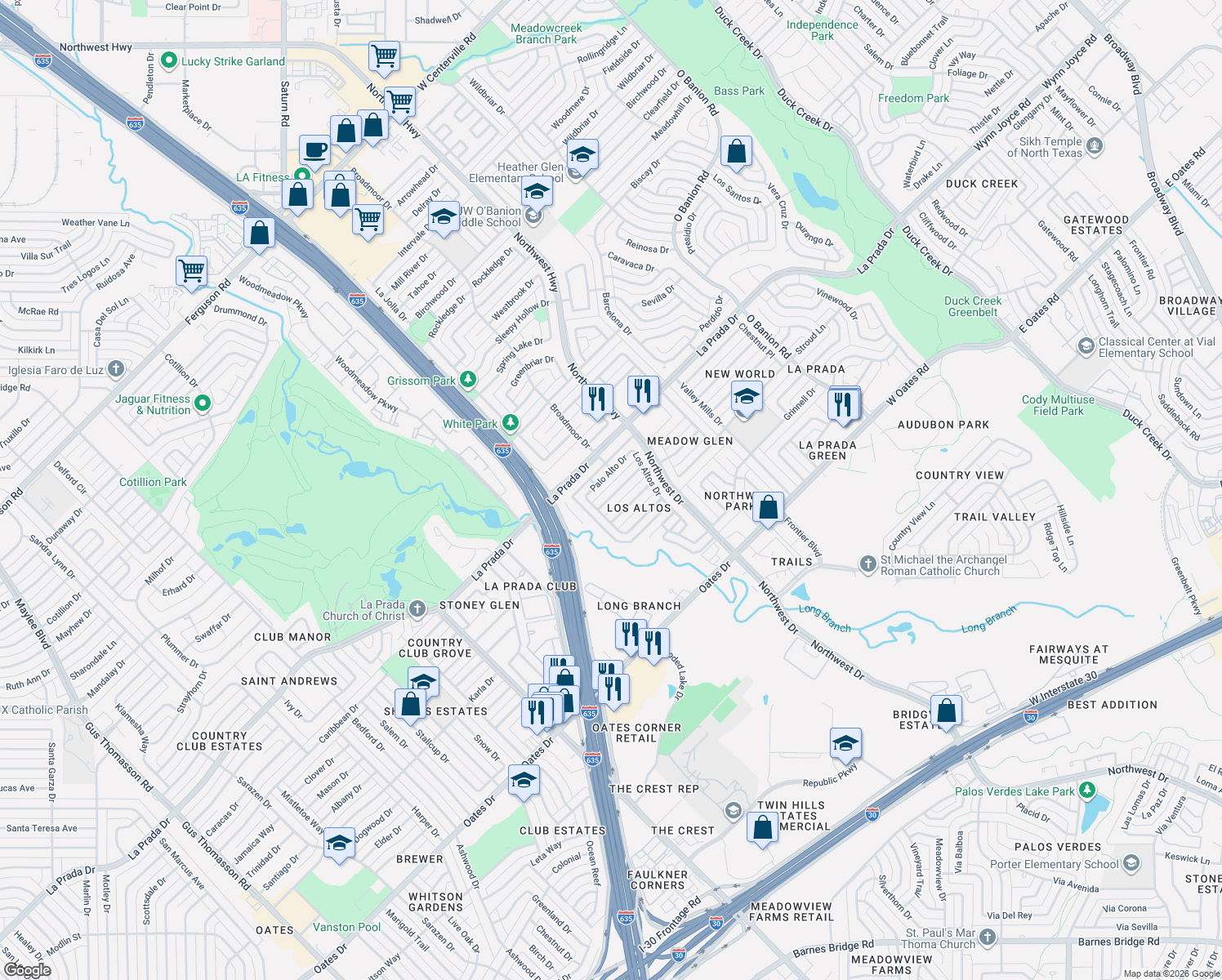 map of restaurants, bars, coffee shops, grocery stores, and more near 1828-1832 Alameda Drive in Mesquite
