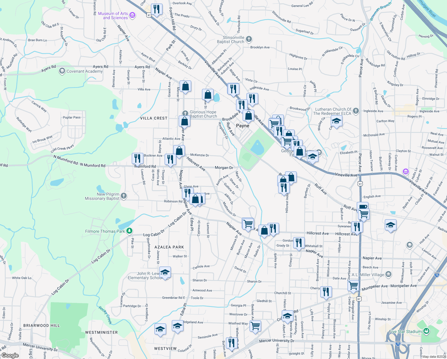 map of restaurants, bars, coffee shops, grocery stores, and more near 3439 Austin Avenue in Macon