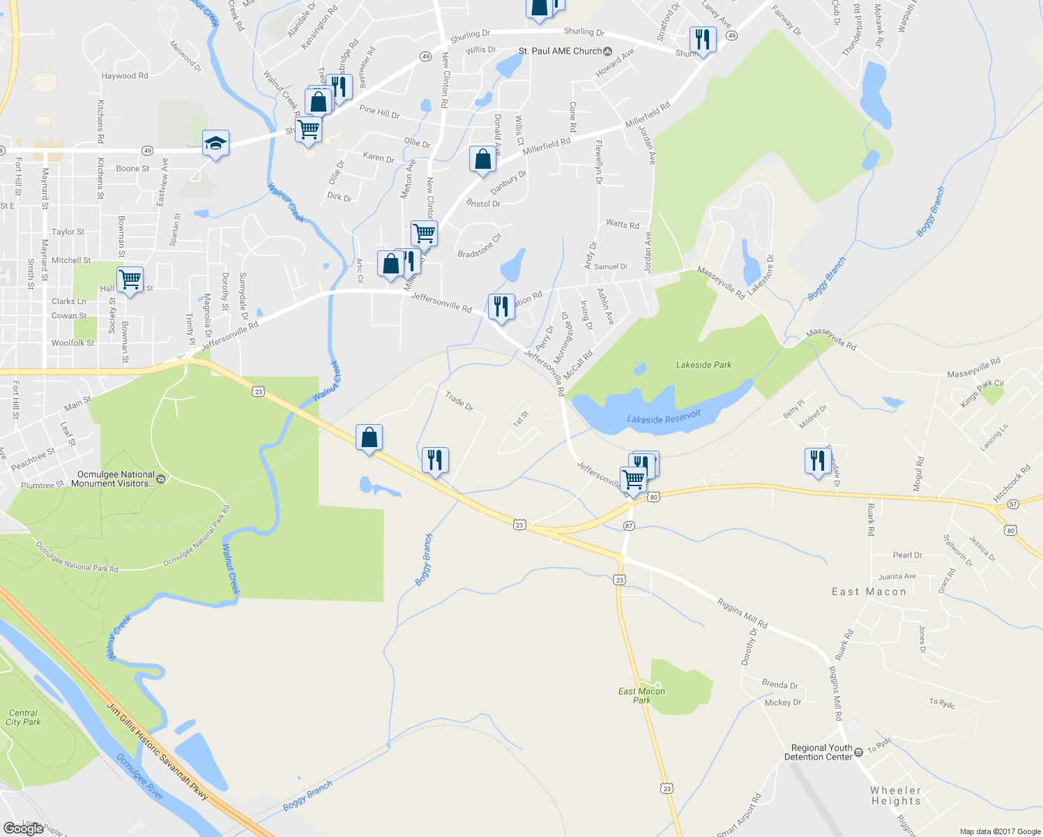 map of restaurants, bars, coffee shops, grocery stores, and more near 1st Street in Macon