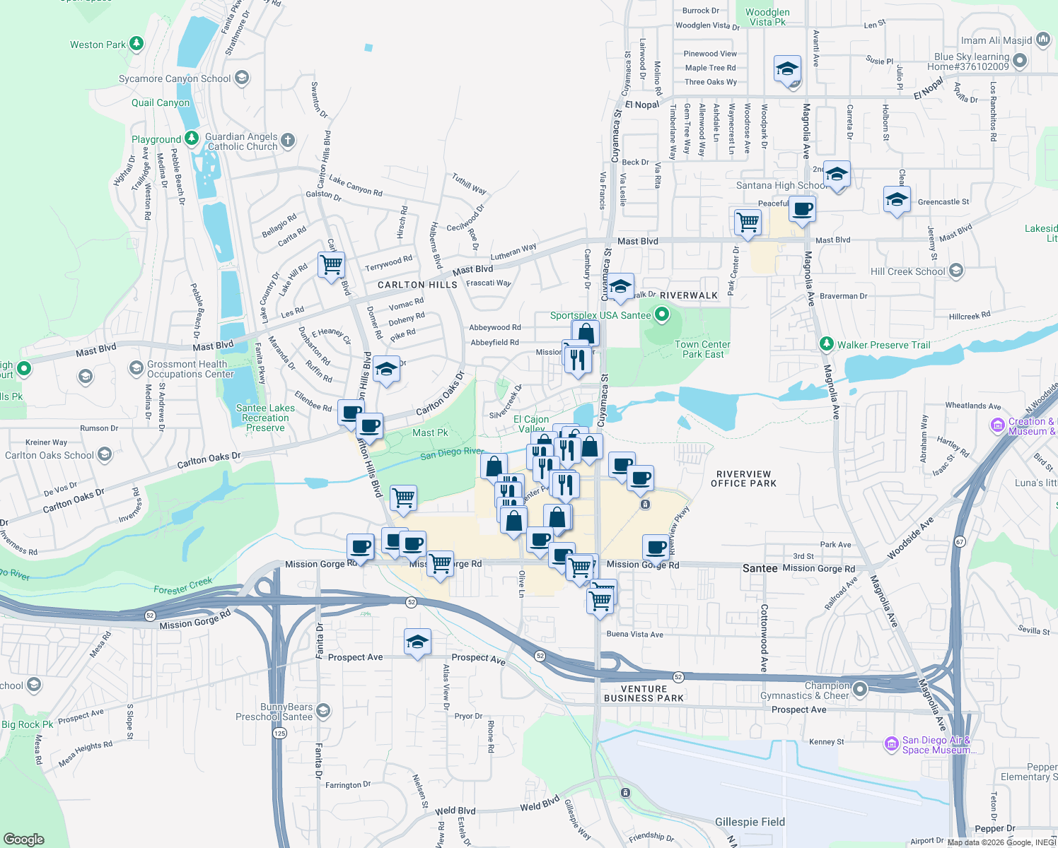 map of restaurants, bars, coffee shops, grocery stores, and more near 173 River Rock Court in Santee