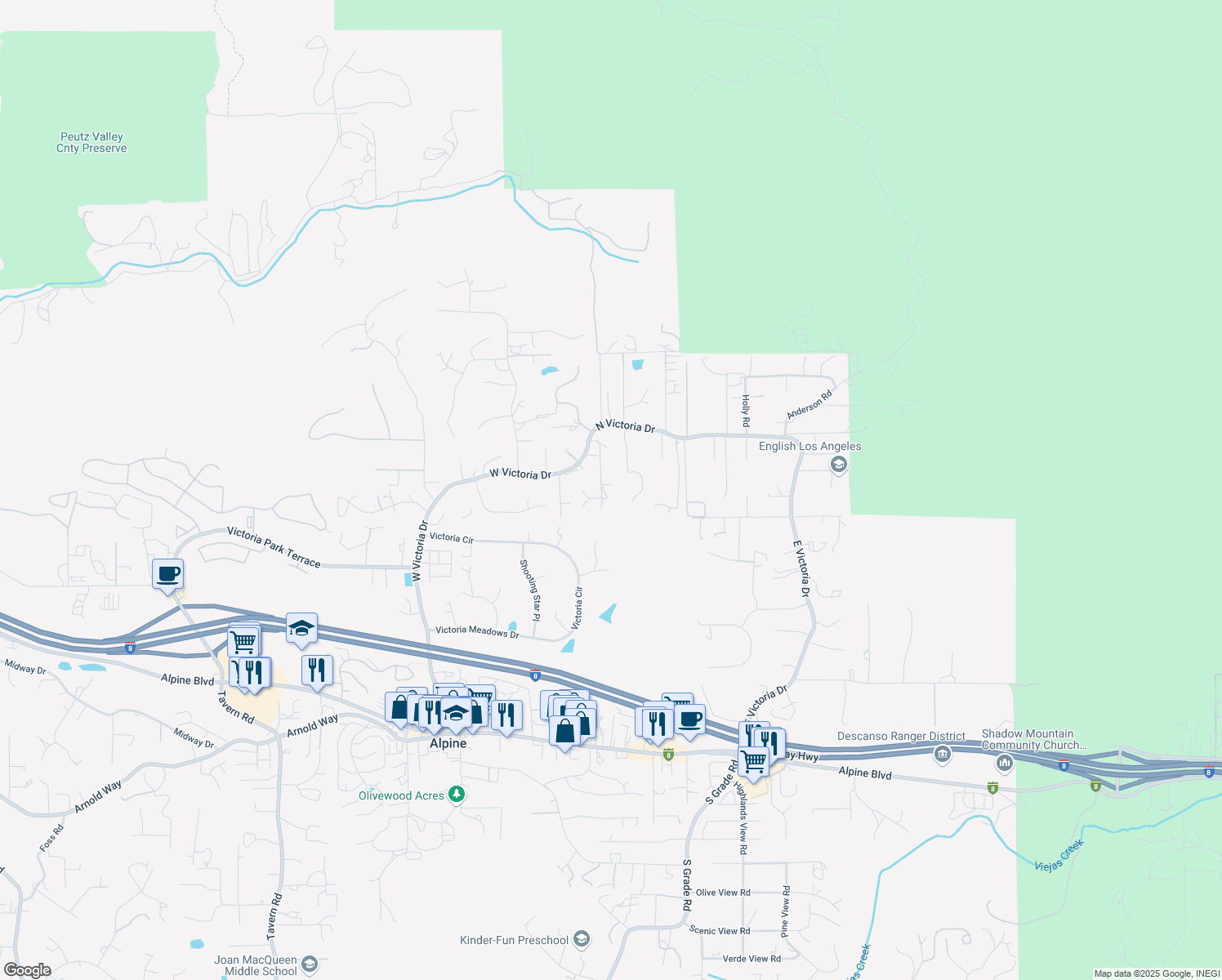 map of restaurants, bars, coffee shops, grocery stores, and more near 753 Homeward Way in Alpine
