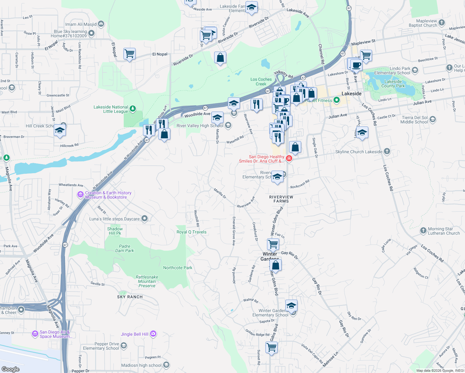map of restaurants, bars, coffee shops, grocery stores, and more near 9326 Emerald Grove Avenue in Lakeside