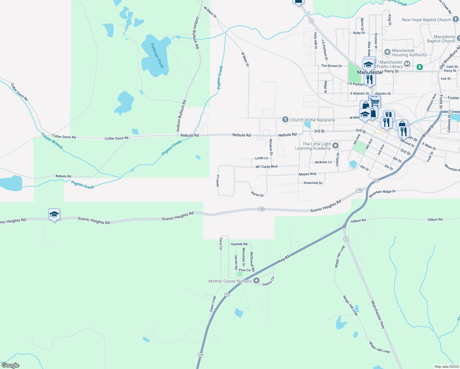 map of restaurants, bars, coffee shops, grocery stores, and more near 729 Jenni Lane in Manchester