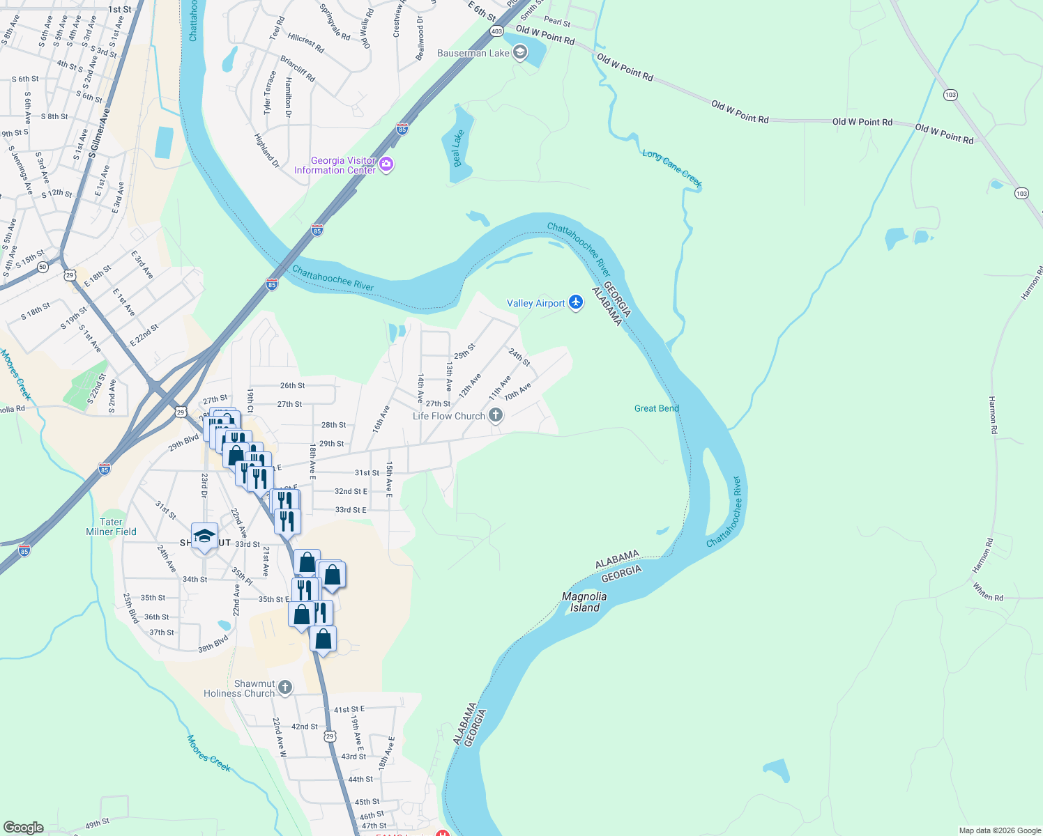 map of restaurants, bars, coffee shops, grocery stores, and more near 2410 Lismore Drive in Valley