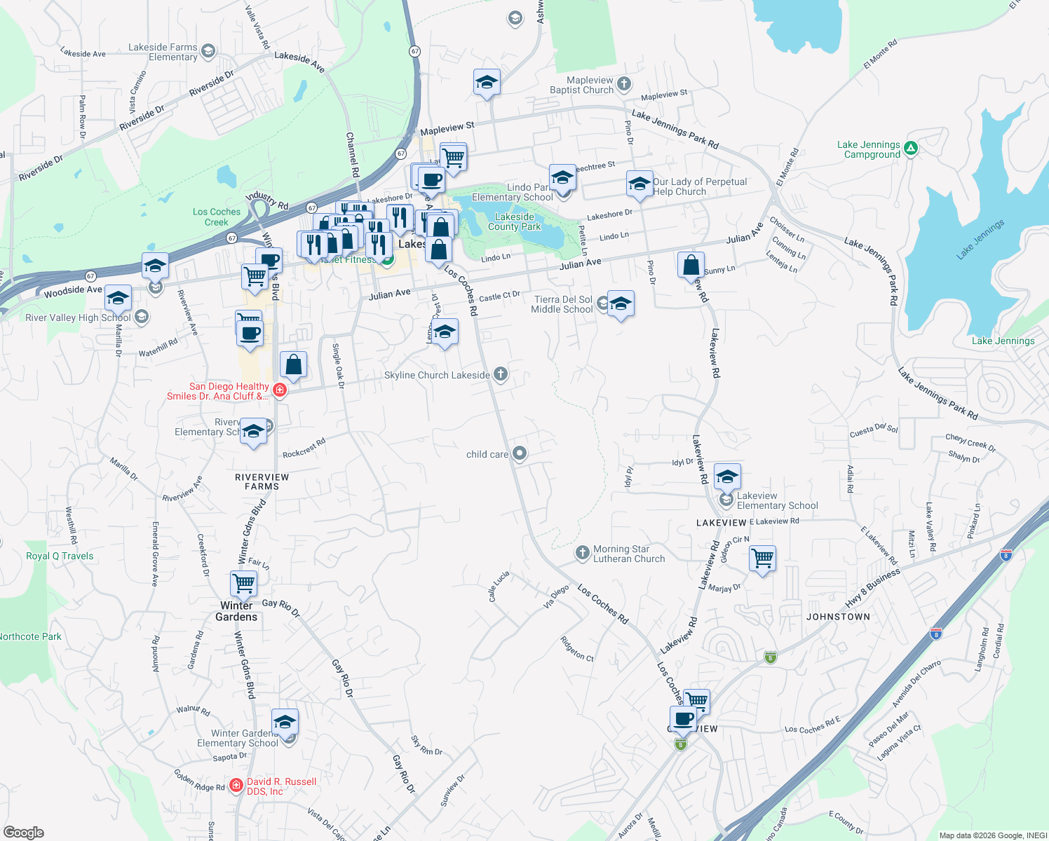 map of restaurants, bars, coffee shops, grocery stores, and more near 9374 Spencer Court in Lakeside