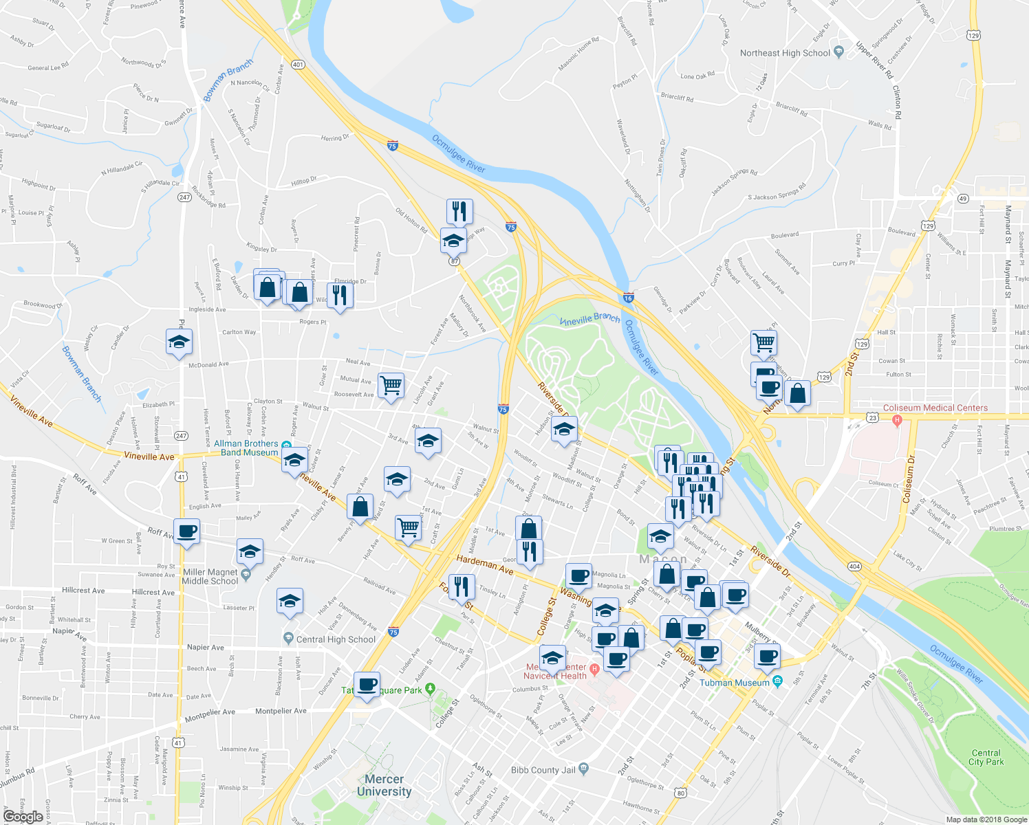 map of restaurants, bars, coffee shops, grocery stores, and more near 1695 Orchard Avenue in Macon